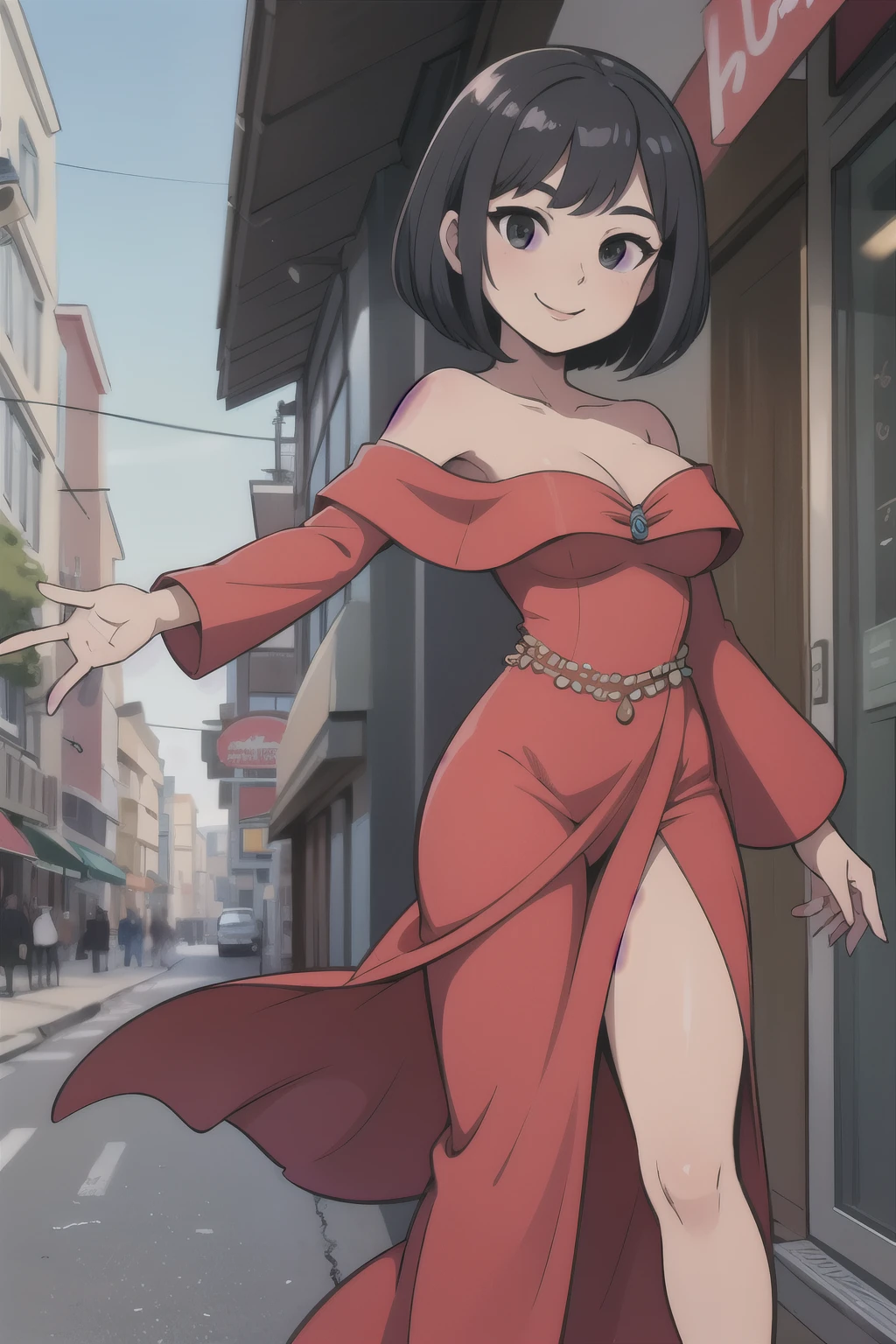 1 girl, Teenage, Black hair, Short black hair, Medium Hair, Bob Hair, Black eyes, off shoulder dress, Flamenco Dress, Flamenco dancer, long skirt, Smile, the city street, Sexy, masterpiece, High quality.