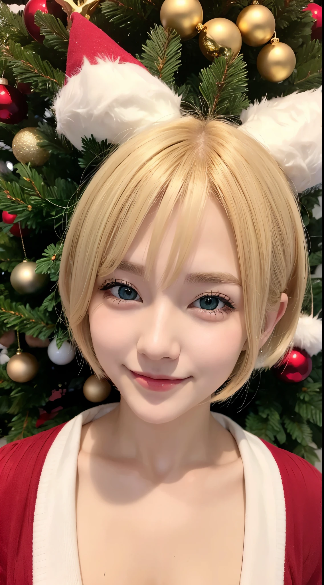 she is cosplaying santa claus、Blonde short-cut hair、a smile、Green eyes、Christmas Background、