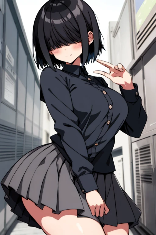 Black haired anime girl, short hair, hair over eyes, large breasts, thick thighs, looking at viewer, school uniform, dark blue shirt, gray skirt, button up, blushing