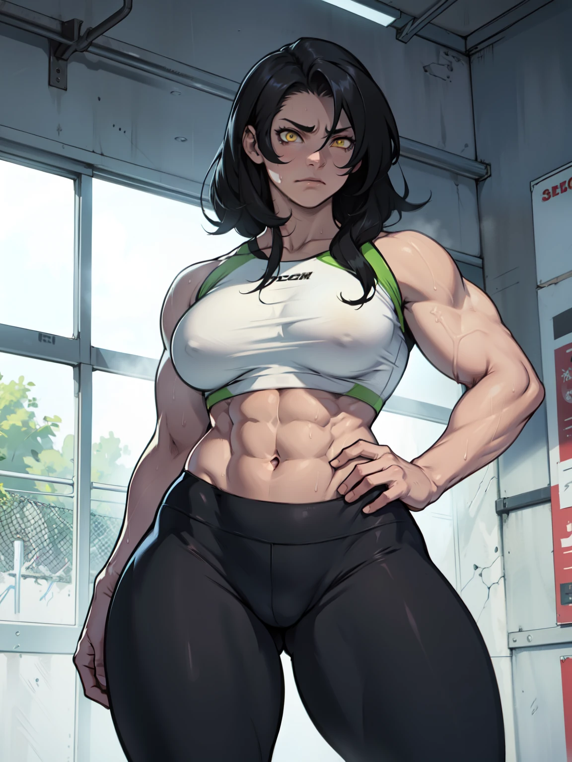 girl (muscular girl large breasts thick) sad pale skin black hair yellow eyes sad thin waist sweaty long abs leggings