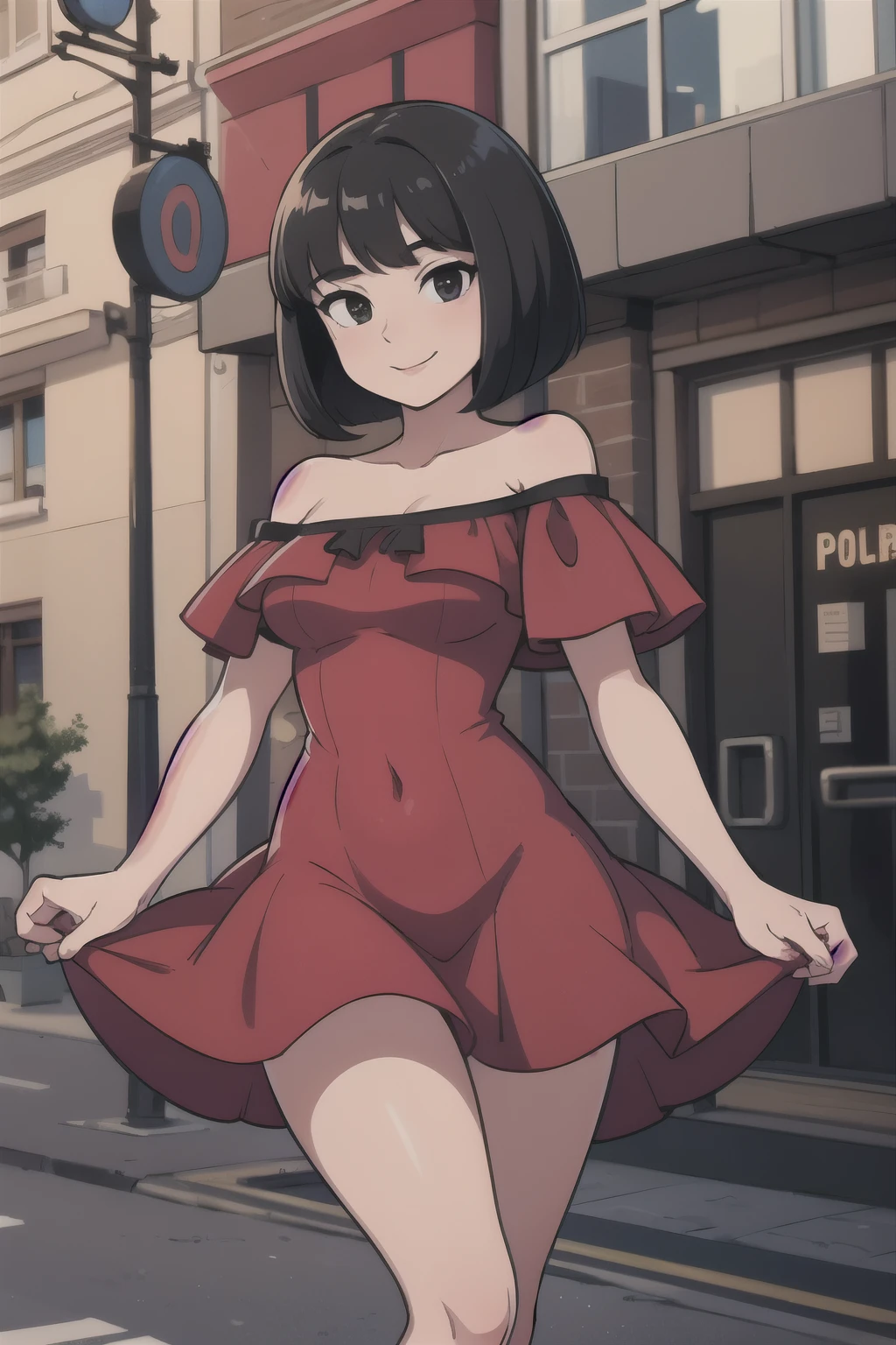 1 girl, , Black hair, Short black hair, Medium Hair, Bob Hair, Black eyes, off shoulder dress, Flamenco Dress, Flamenco dancer, long skirt, Smile, the city street, Sexy, masterpiece, High quality.