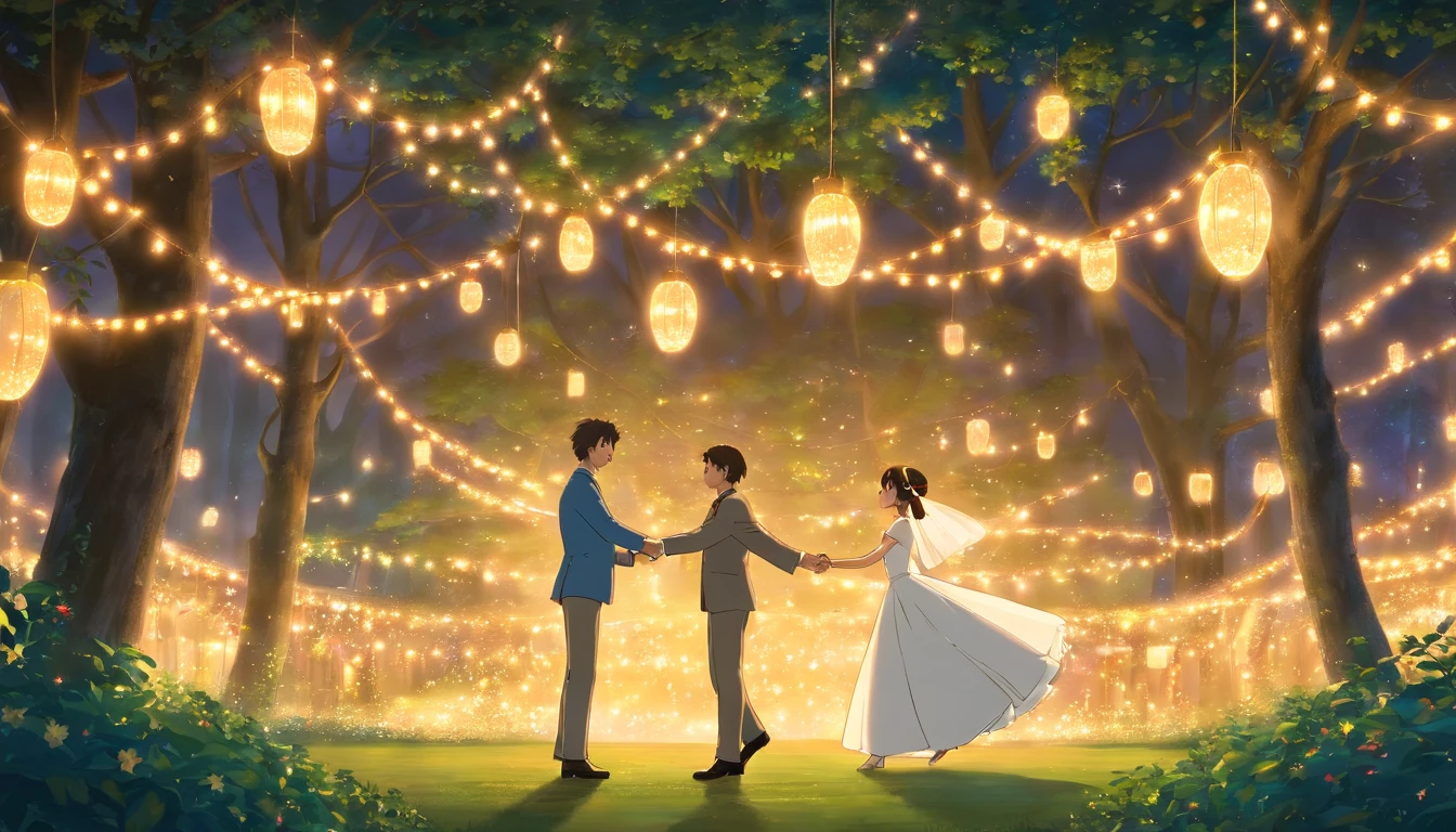 a romantic shot of the bride and groom sharing a dance together in a secluded clearing in the park, with twinkling fairy lights suspended above them, creating a magical and intimate atmosphere