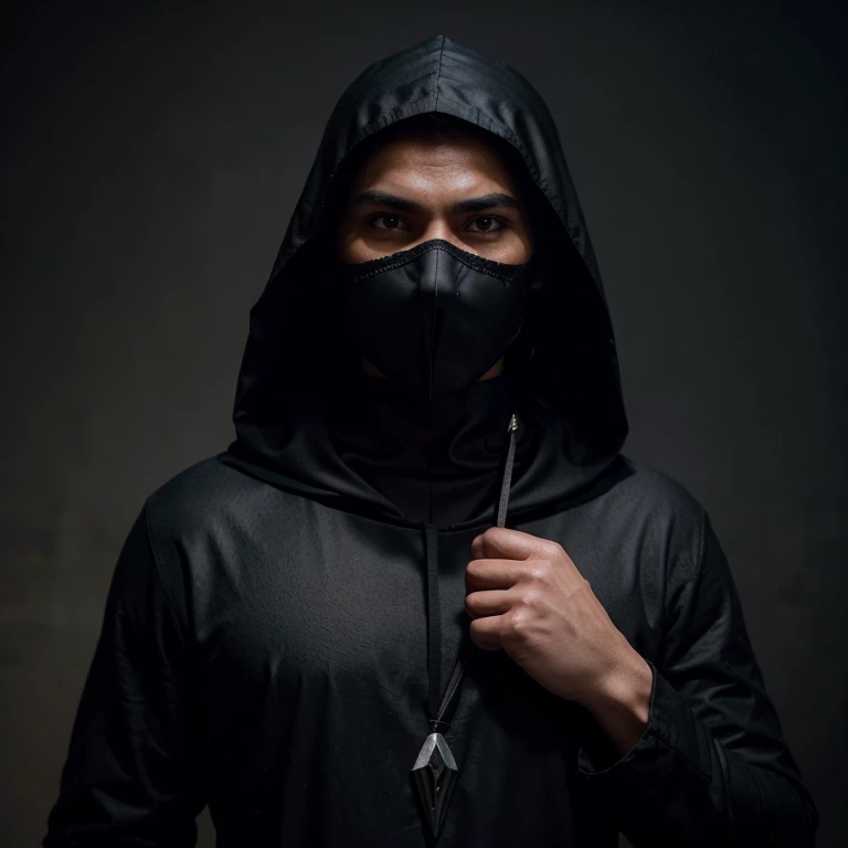 Photorealistic and cinematic style, Archer Man in a totally black costume with an arrowhead-shaped hood and a half mask that goes from neck to nose, both also black, with a passionate look at a witch who is wonderful and has purple eyes and a purple dress dark,