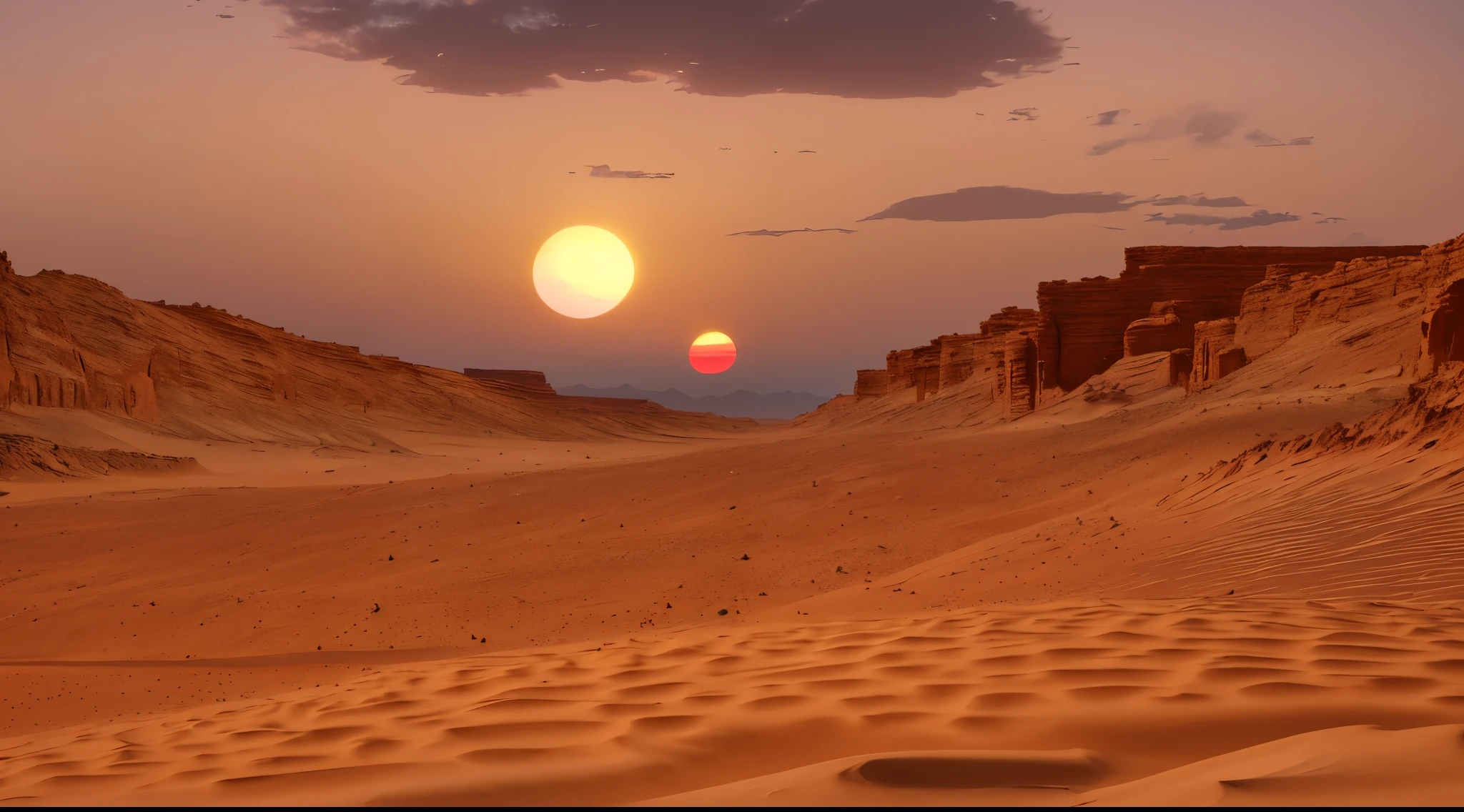 arafed desert with a sunset in the background and a few clouds, suns set on a desert planet, sunset on distant machine planet, martian sands background, desert alien planet, sand desert fantasy, alien desert, tatooine, on a remote desert planet, desert planet, the planet is warm with canyons, arid planet, sand and desert environment