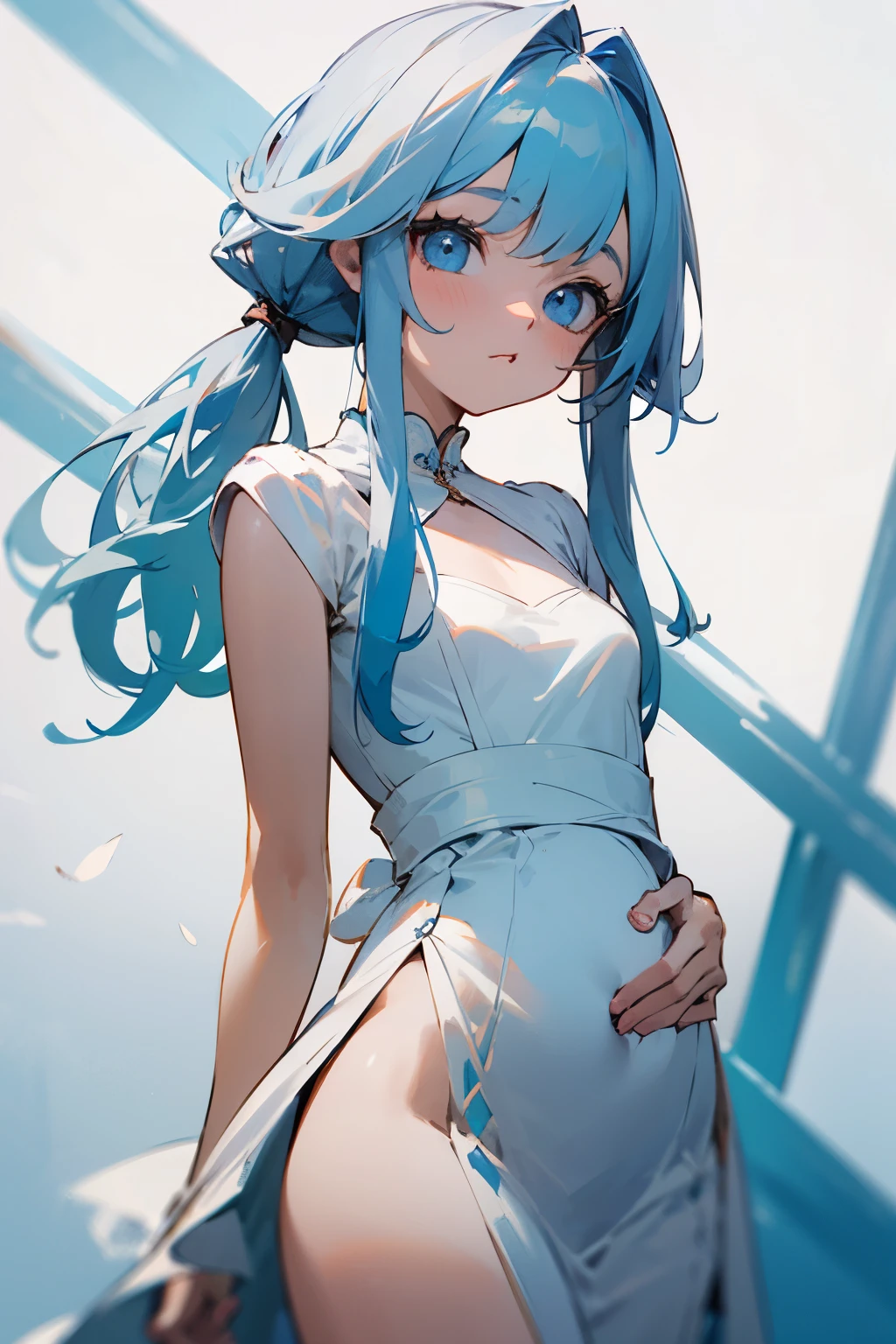 White with blue eyes, cabelo poiro comprido em vestido de empregada