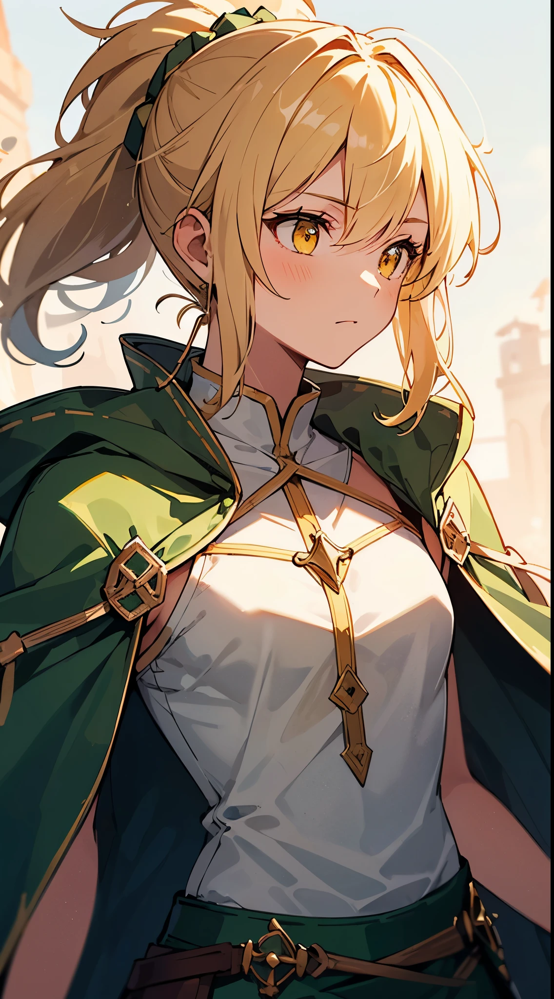 [masterpiece, ultra-detailed, best quality, soft skin, beautiful] blonde hair, yellow eyes, archer, green cloak, hairpin, medium hair, hair-up, fit body, dynamic angle, medieval shop background, hardened expression.