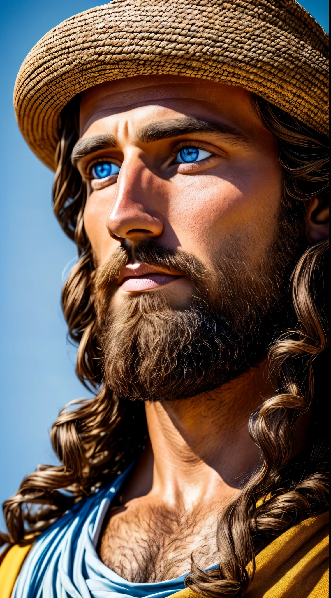 4k, 8K Portrait of Handsome Jesus , jesus christ, Real blue eyes, Sunny day, intricate details.