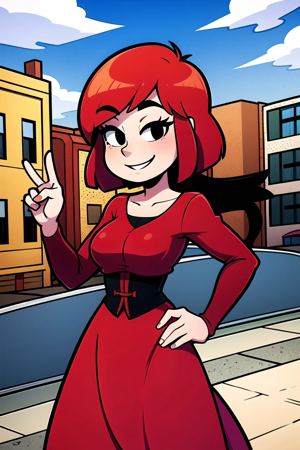 1 girl, Teenage, Red hair, Short Red hair, Medium Hair, Bob Hair, Black eyes, Flamenco Dress, Flamenco dancer, long skirt, Smile, the city street, Sexy, masterpiece, High quality.