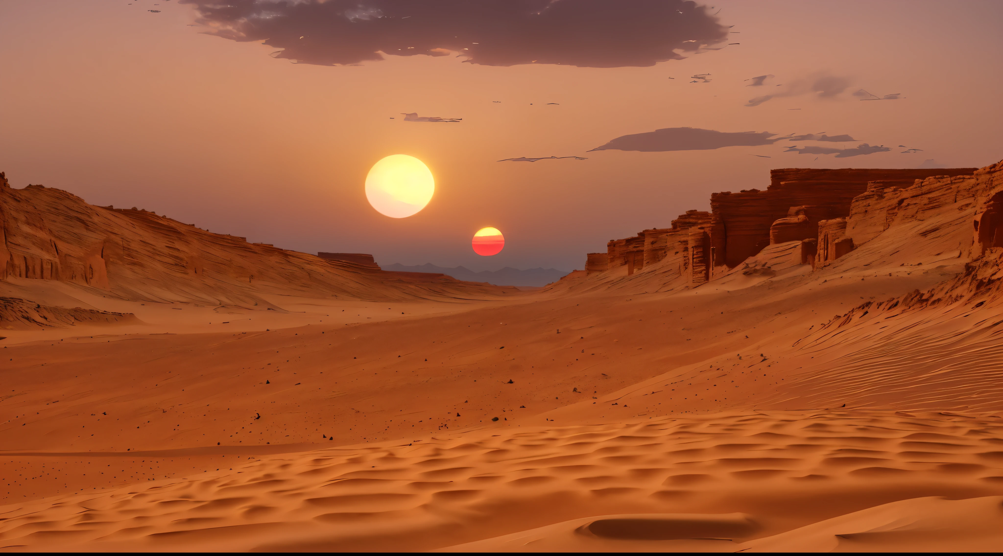 Arafed desert with sunset in the background and several clouds, suns set on a Desert Planet, sunset on distant machine planet, Martian sand background, desert alien planet, A fantasy about a sandy desert, Alien Desert, Tatooine, on a remote Desert Planet, Desert Planet, warm planet with canyons, arid planet, Sandy and desert environment