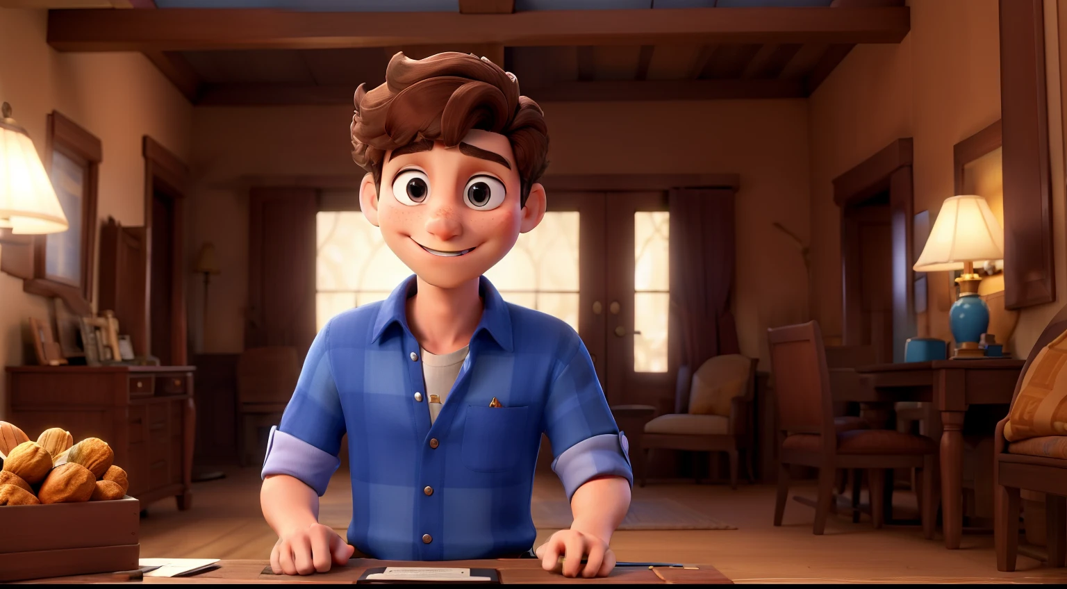 A wealthy prince, he has brown hair parted in the middle, wears a stylish blue shirt, and has brown eyes. The wealthy prince is around 50 years old."In the background a big forest