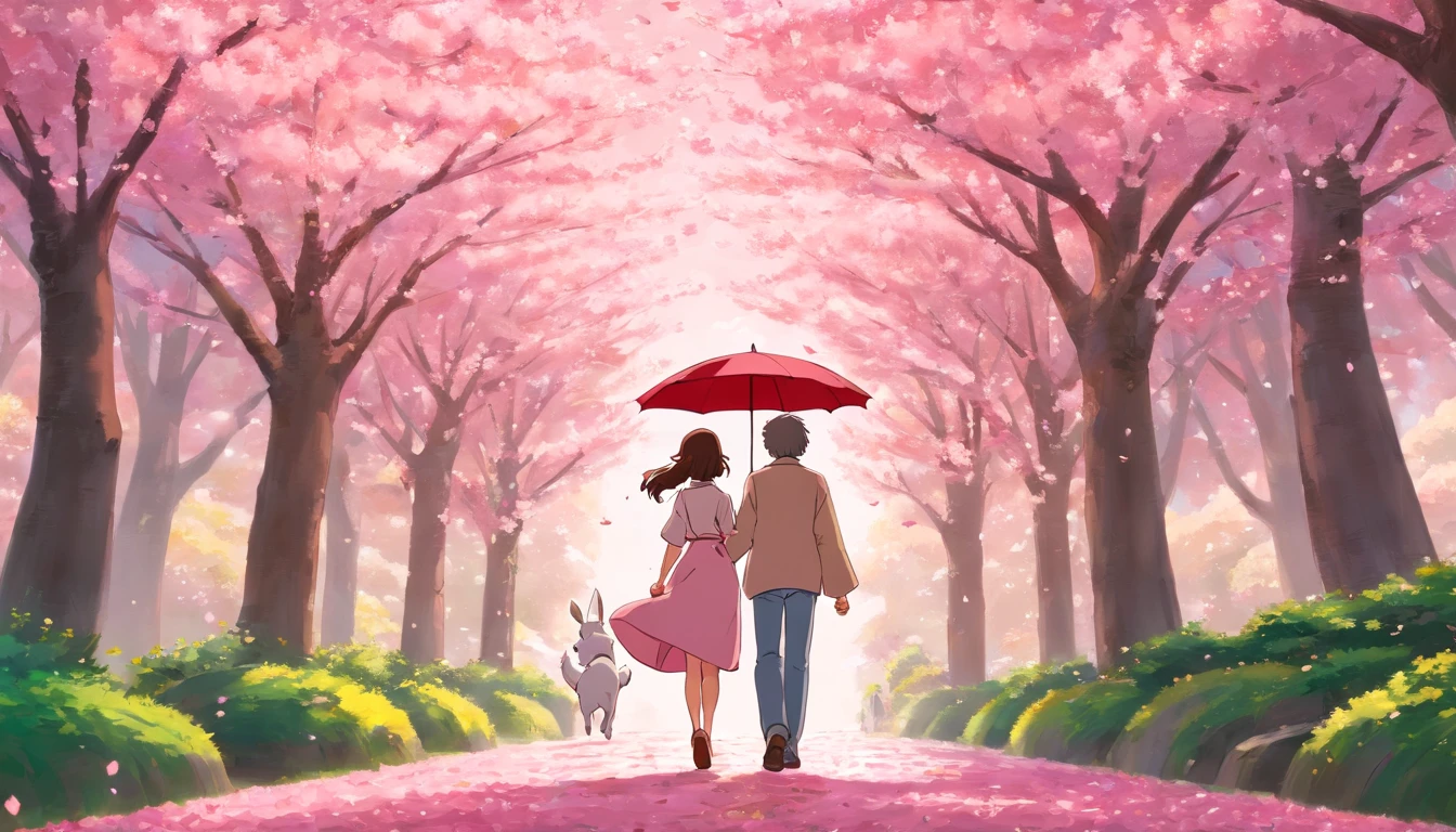 a romantic shot of the couple walking hand in hand under a canopy of blooming pink cherry trees, with petals gently falling around them, creating a fairytale-like atmosphere