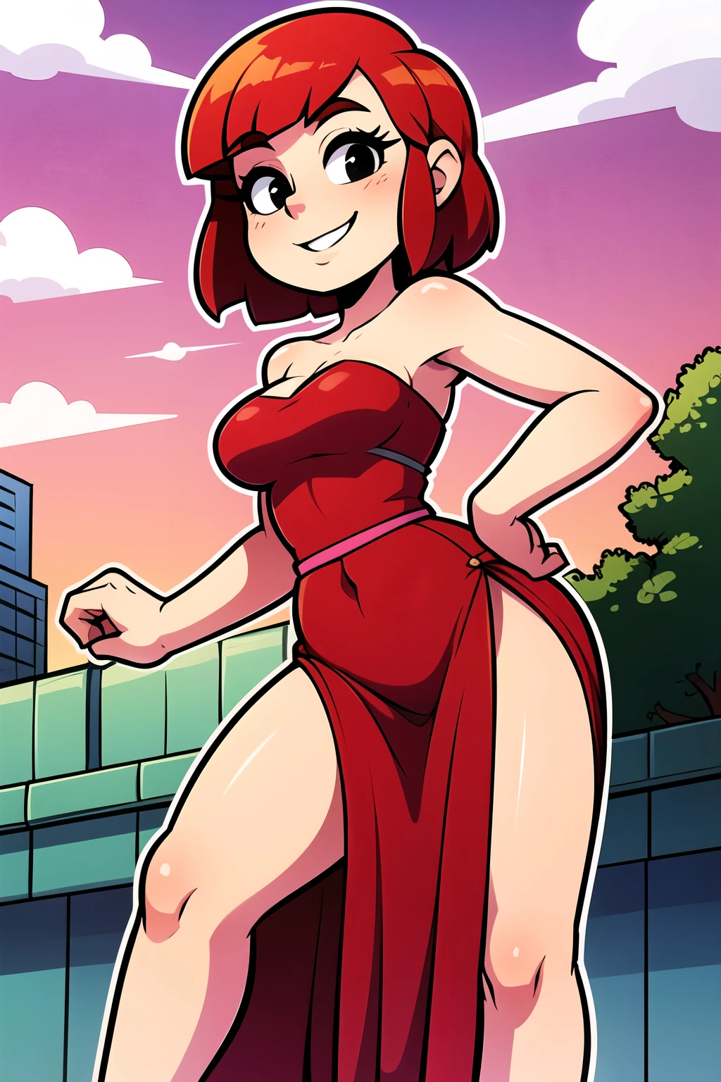1 girl, , Red hair, Short Red hair, Medium Hair, Bob Hair, Black eyes, Flamenco Dress, Flamenco dancer, long skirt, Smile, the city street, Sexy, masterpiece, High quality.