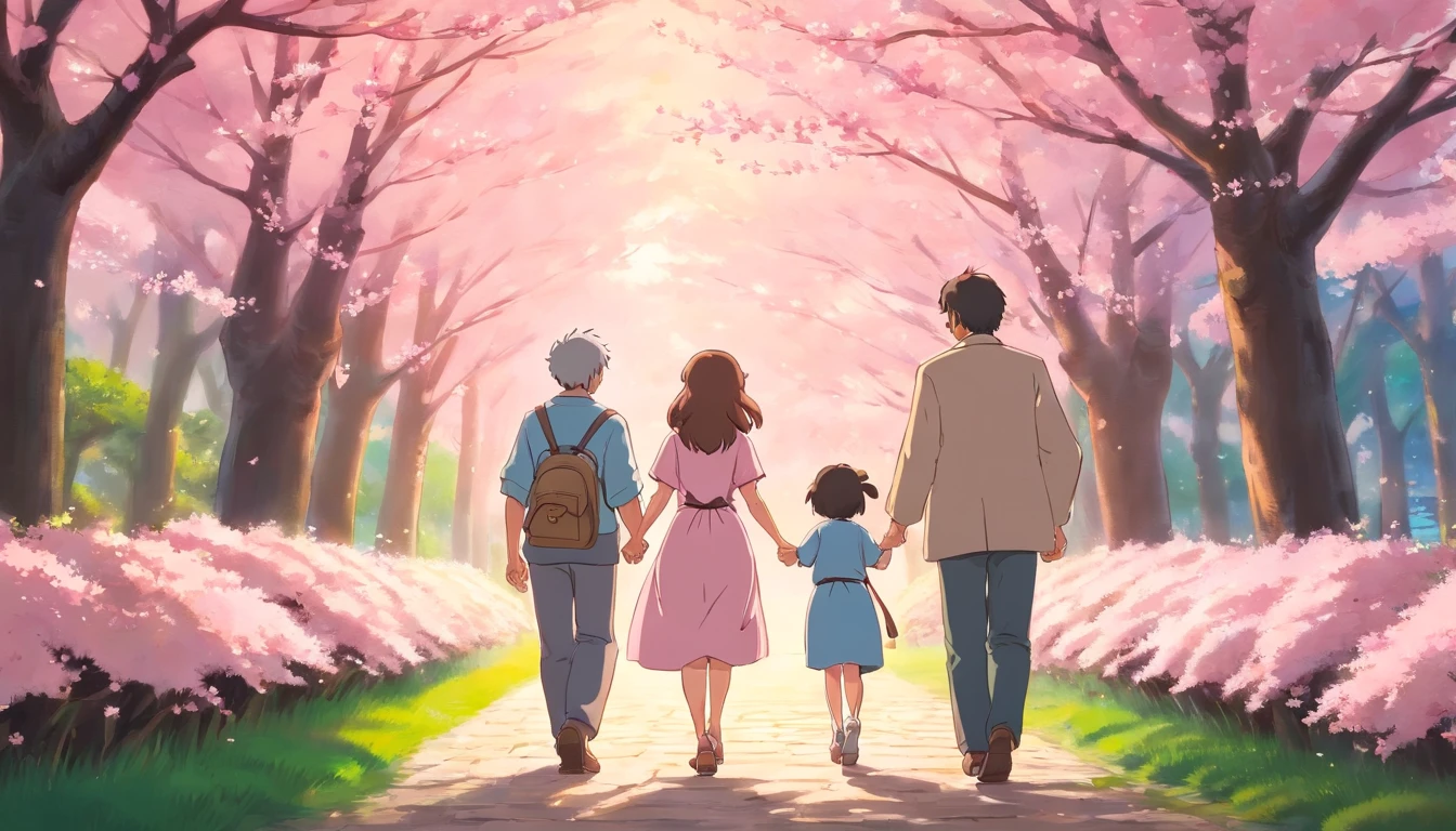 a candid shot of the couple sharing a loving embrace as they walk along a tree-lined path, with the soft pink hues of the cherry blossoms framing their joy and connection