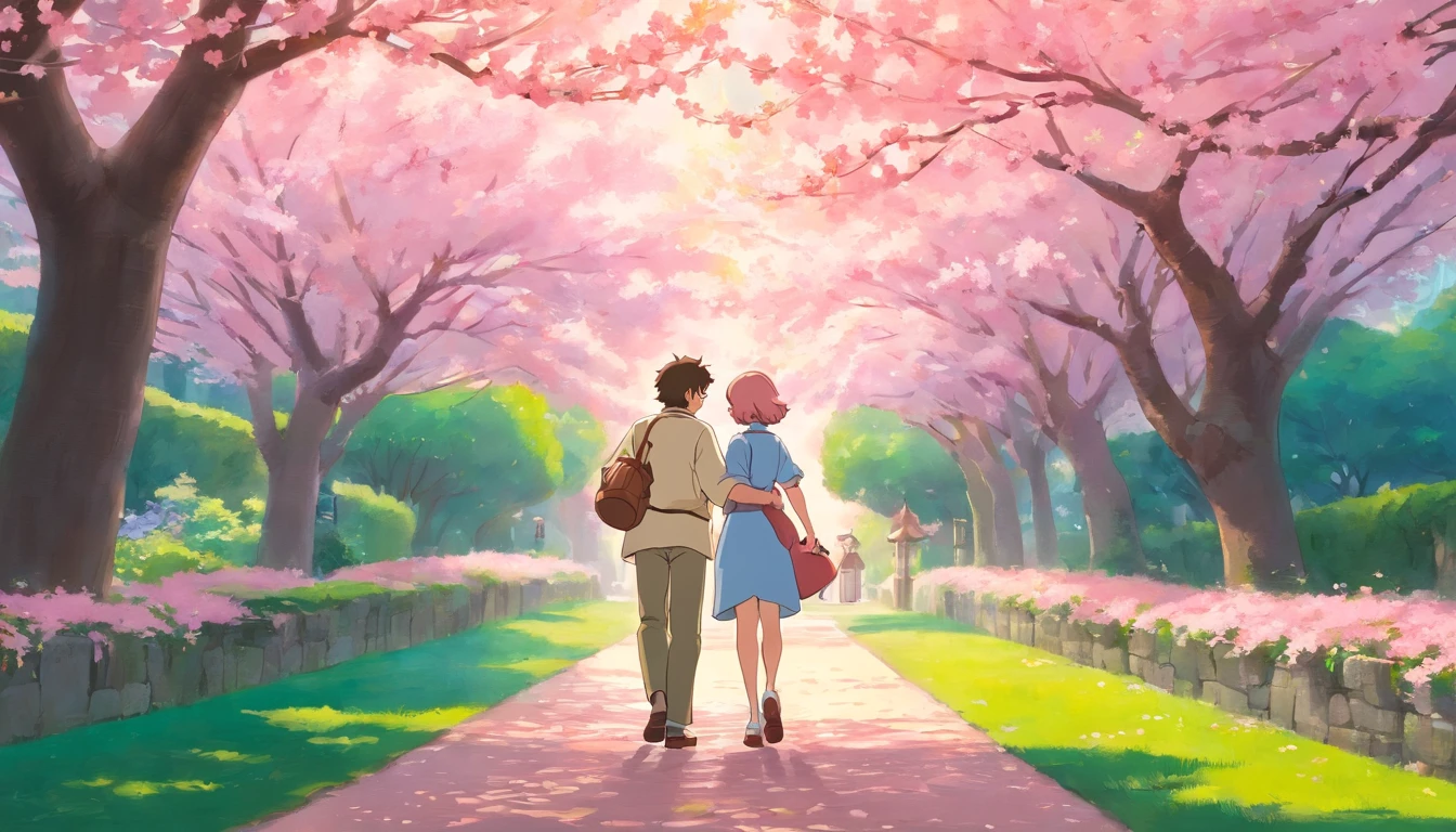 a candid shot of the couple sharing a loving embrace as they walk along a tree-lined path, with the soft pink hues of the cherry blossoms framing their joy and connection