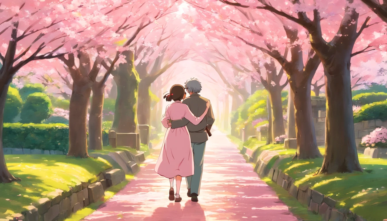 a candid shot of the couple sharing a loving embrace as they walk along a tree-lined path, with the soft pink hues of the cherry blossoms framing their joy and connection