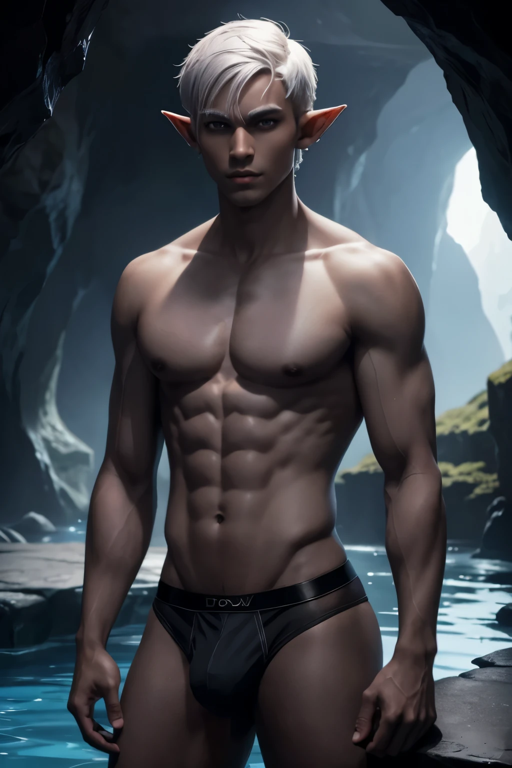 handsome drow elf teenager wearing jockstrap, very short hair, pointy ears, gray skin, cavern pool background with spiders