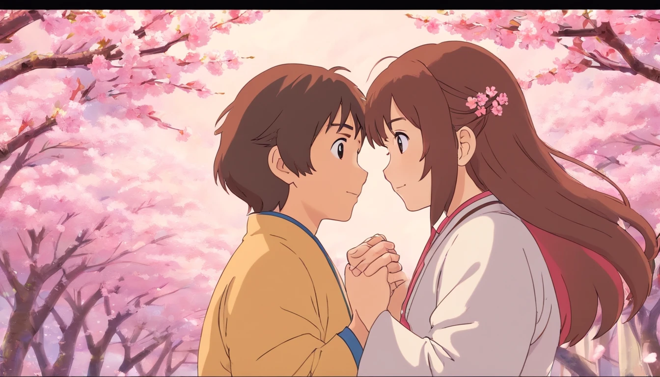 a close-up shot of the couple’s intertwined fingers against a backdrop of pink cherry blossoms, symbolizing their love and the delicate beauty of their relationship