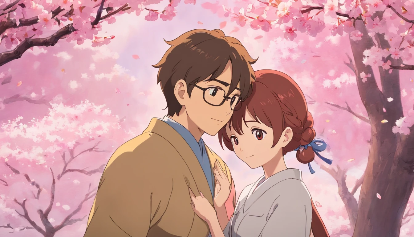 a close-up shot of the couple’s intertwined fingers against a backdrop of pink cherry blossoms, symbolizing their love and the delicate beauty of their relationship