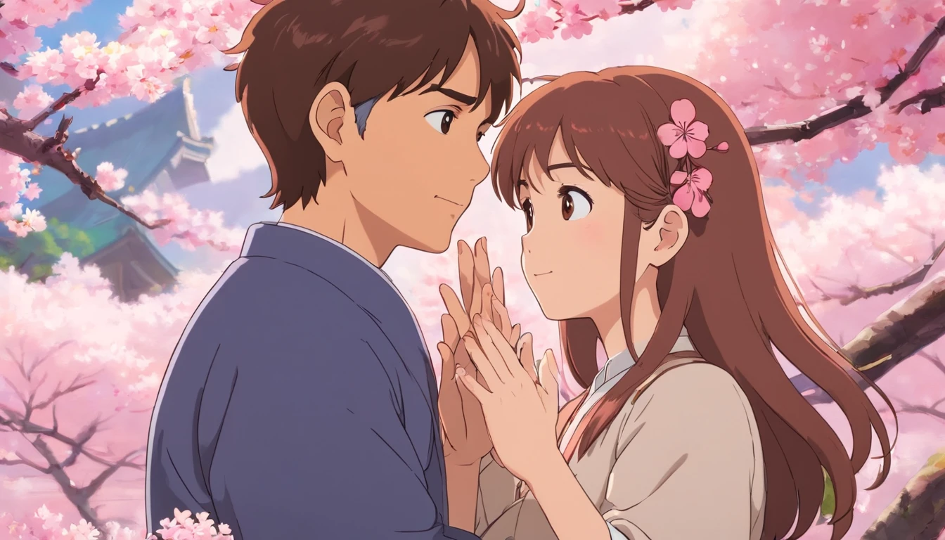 a close-up shot of the couple’s intertwined fingers against a backdrop of pink cherry blossoms, symbolizing their love and the delicate beauty of their relationship