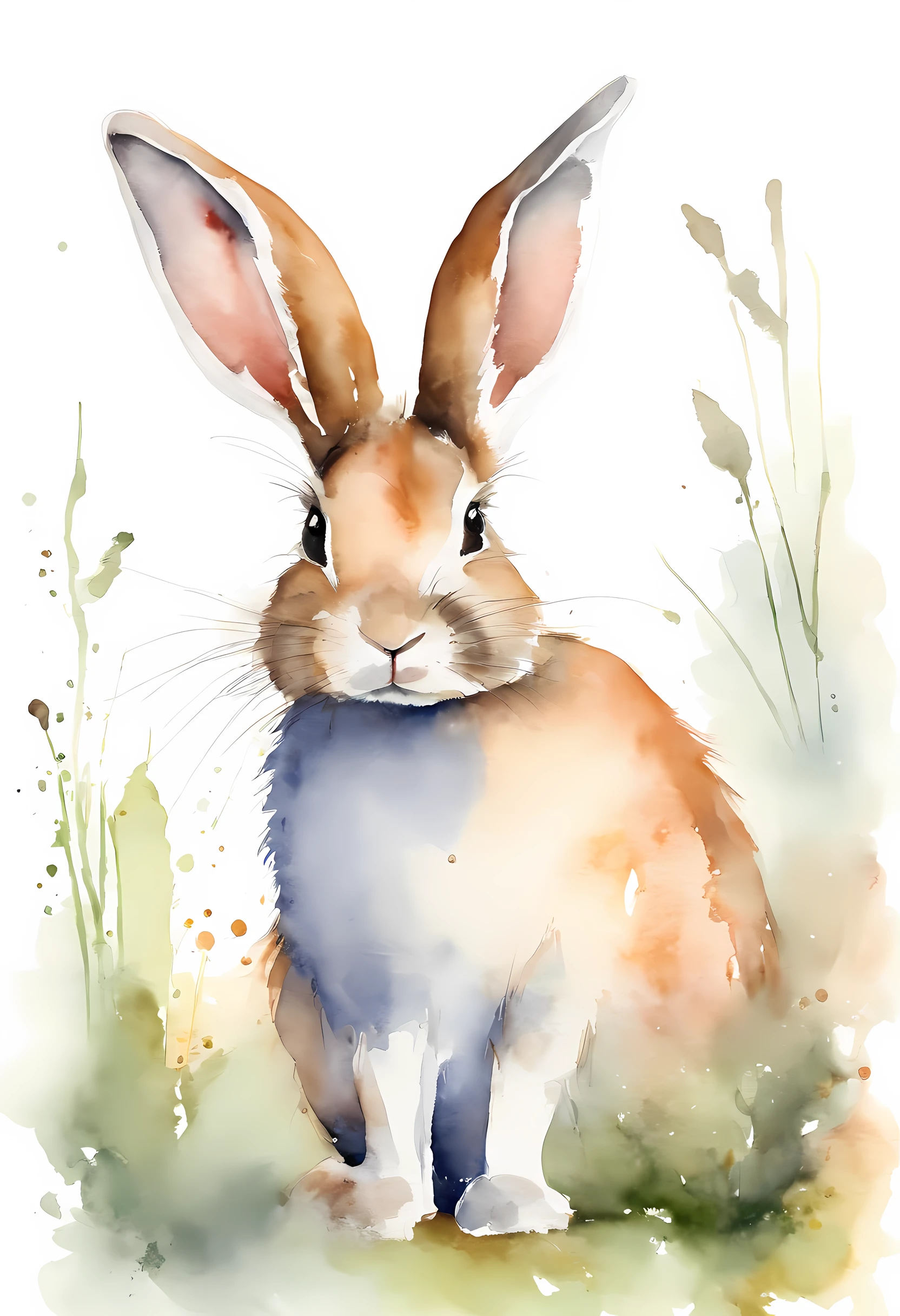 adolable,aquarelle, Minimalist watercolor Easter bunny, white background, calm colors background. Watercolor texture, creative, masterpiece