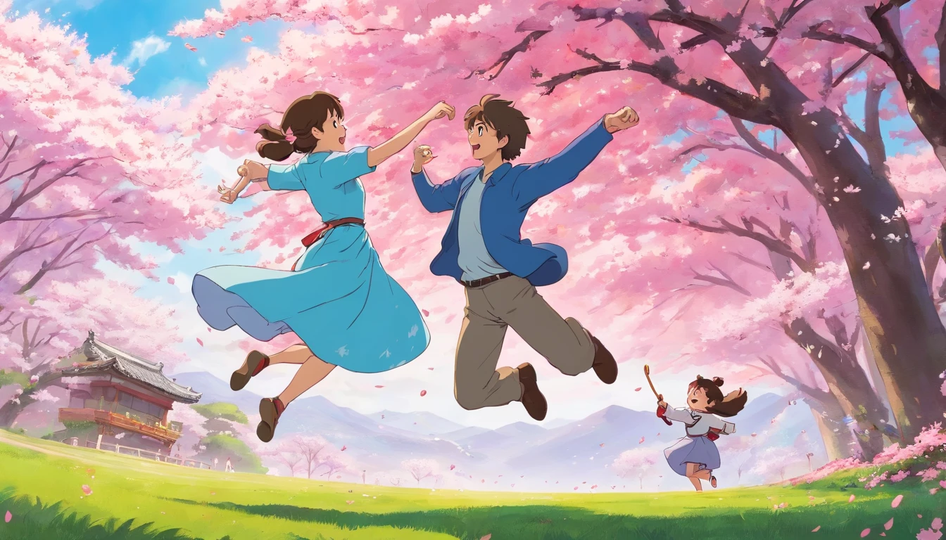 a dynamic shot of the couple playfully twirling under a cluster of pink cherry blossoms, their laughter and happiness filling the air with joy.