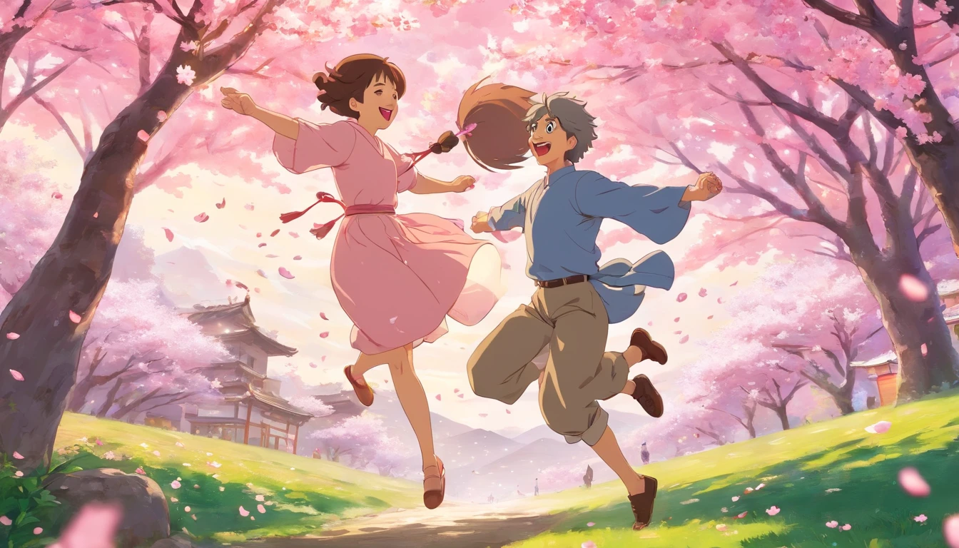a dynamic shot of the couple playfully twirling under a cluster of pink cherry blossoms, their laughter and happiness filling the air with joy.