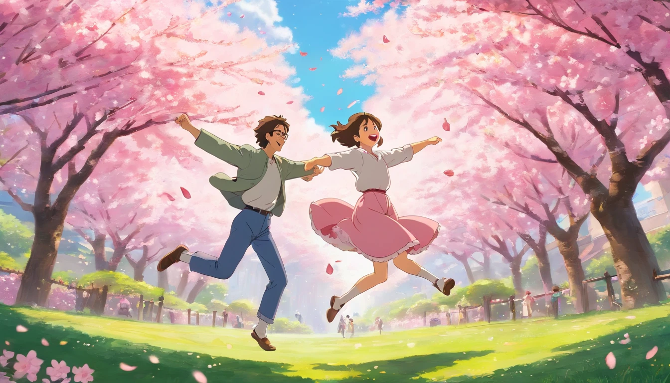 a dynamic shot of the couple playfully twirling under a cluster of pink cherry blossoms, their laughter and happiness filling the air with joy.