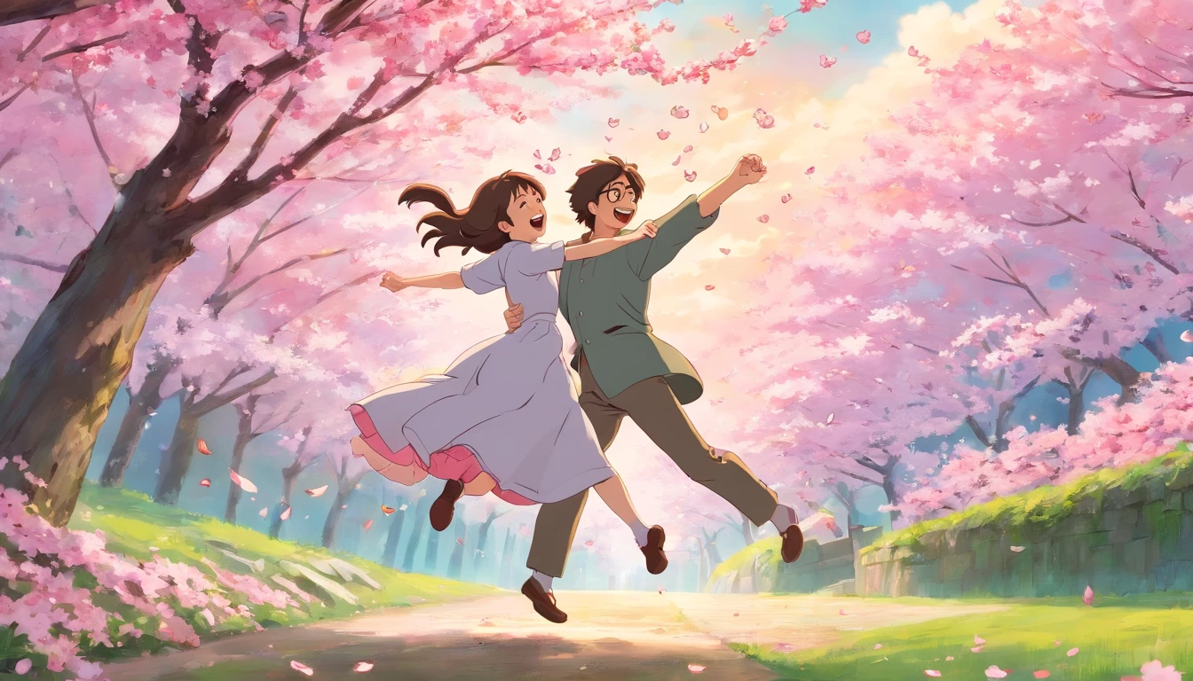 a dynamic shot of the couple playfully twirling under a cluster of pink cherry blossoms, their laughter and happiness filling the air with joy.