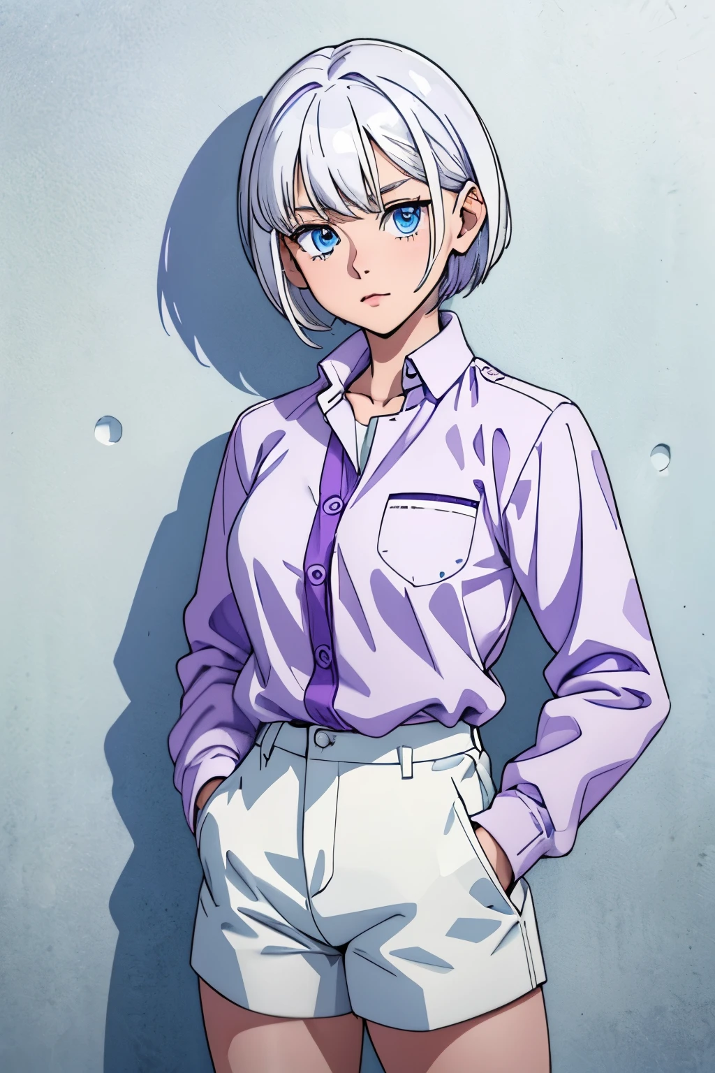 cute girl, Short white hair, beautiful blue eyes, white shirt, underneath a purple shirt, and on the white shirt the number 99 in a circle, She puts her hands in her pockets, Purple jacket under the white shirt, black shorts, Medium sized breasts, She leans against the wall