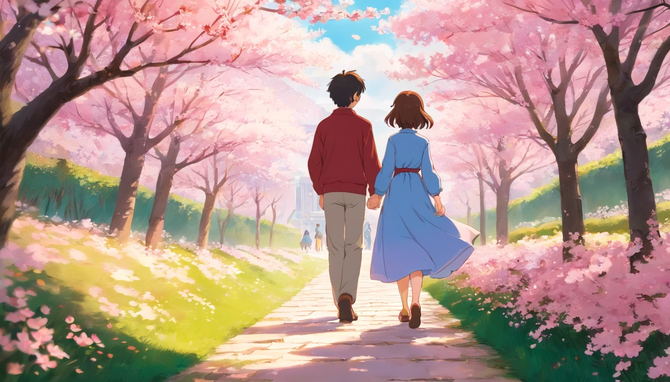 (best quality,realistic,photorealistic:1.37),a couple's feet walking on a path covered with fallen pink cherry blossoms,paved path,delicate pink petals,romantic atmosphere,symbolizing life's journey,path towards the future,springtime,beautiful blossoms,loving couple,harmony,gentle steps,pink cherry blossoms underfoot,enjoying each other's company,creating lasting memories,walking hand in hand,united in love,following their dreams together,shared goals and aspirations,warm sunlight filtering through the branches,soft petals brushing against their skin,tranquil and serene ambiance,fleeting beauty of cherry blossoms,vivid colors,subtle fragrance in the air,love in full bloom,nature's embrace,whispering breeze,scented petals,creating their own path,eternal love,union of souls,dreamlike aura,dancing petals,cosmic connection,cherishing every step,legacy of love,cherished memories,fleeting beauty,steps towards forever,harmonious journey.