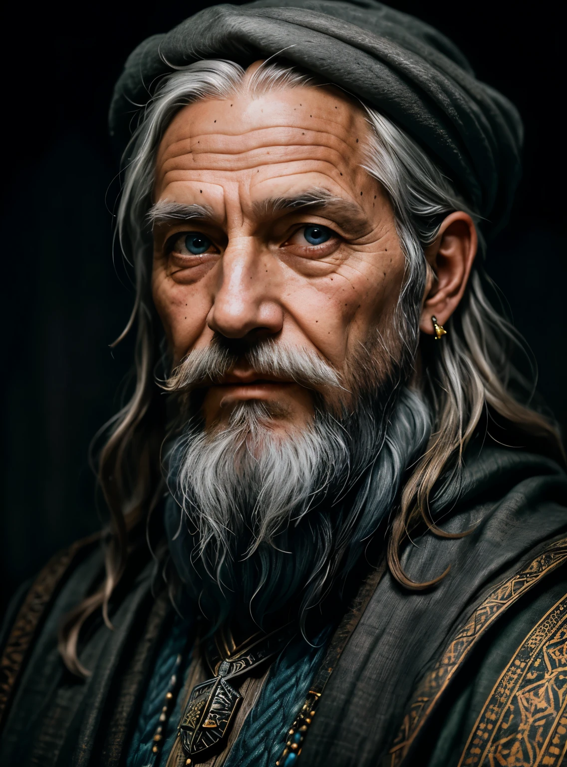 A portrait of a wizard, bearded, wrinkled, weathered, with piercing eyes, detailed face, high details, photography, dark studio, rim light, Nikon D850, 50mm, f/1.4