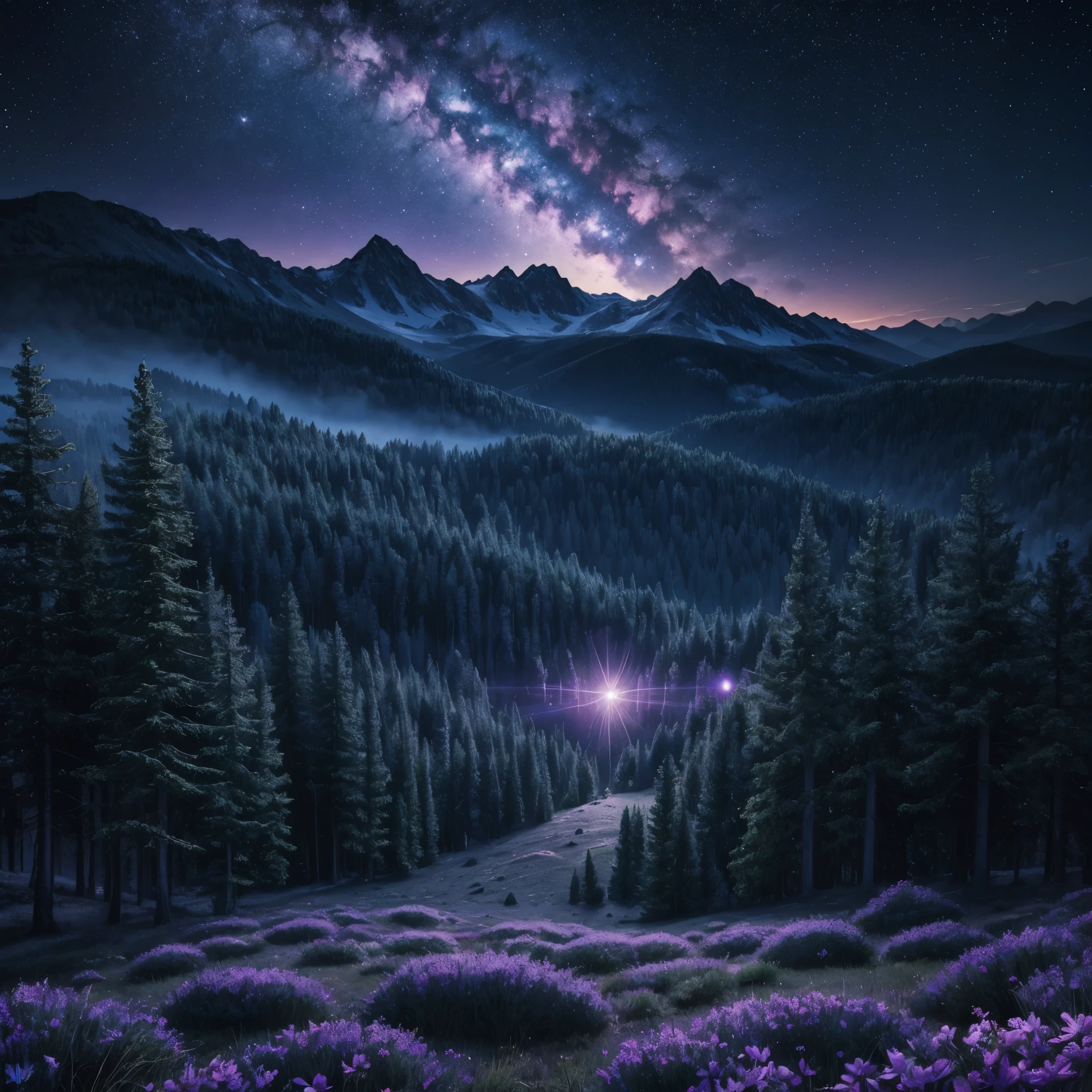 fairytale mountain landscape, Forest Sunset,  open space background, Planet, Stars, hyper-detailing , Mysticism, back light, fantasy, black atmosphere, purple tones , hyper realistic, beutiful,  lumen, Professional photo, is beautiful, 3d, Realistic, 64k, hight resolution, higly detailed, cgi, hyper realisitc,f/16, 1/300s.  high detailed digital painting, Realistic