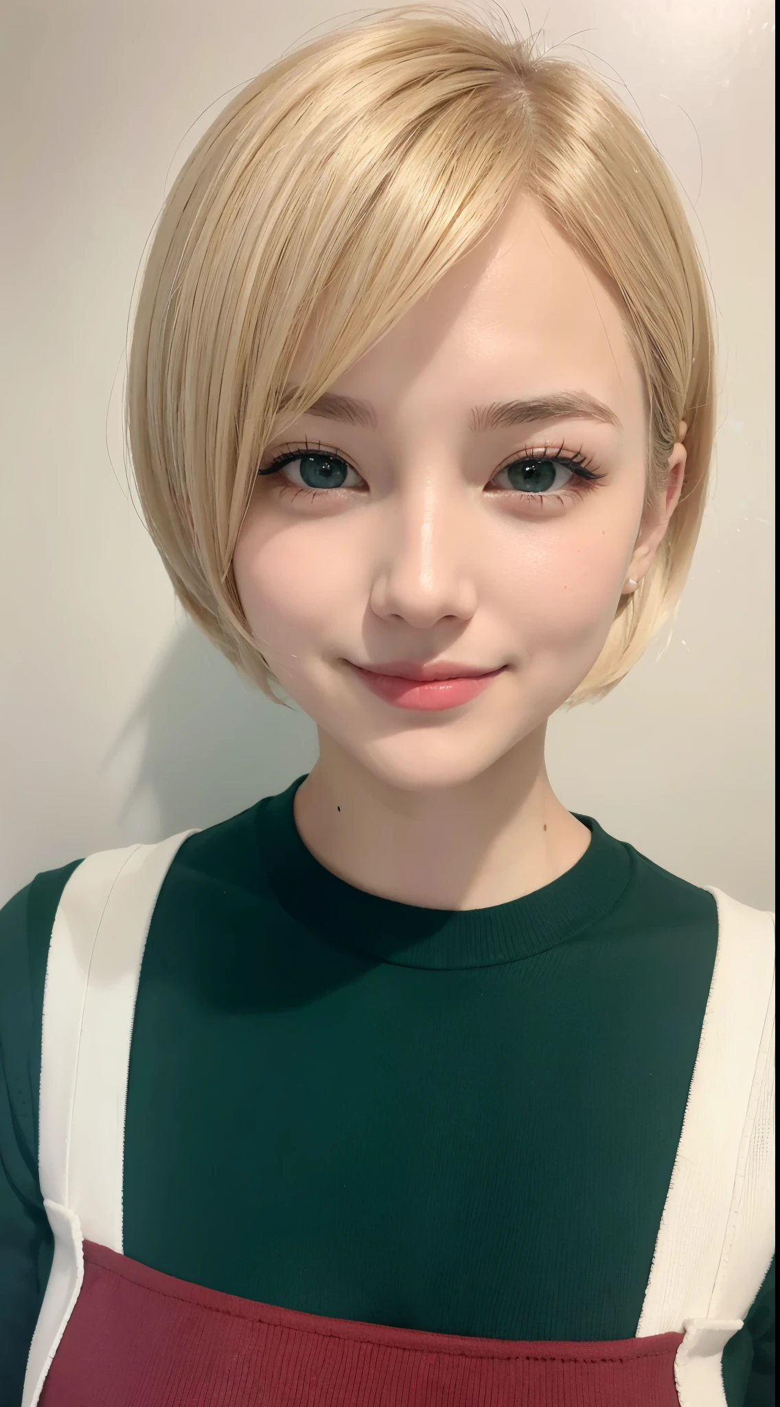 she is cosplaying santa claus、Blonde short-cut hair、a smile、Green eyes、Christmas Background、