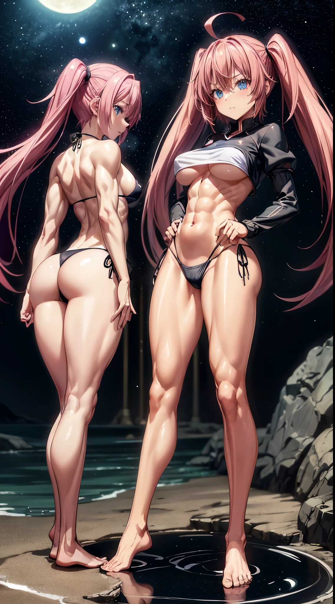 1 girl, (medium breasts))), (((wearing short bikini))), (long pink hair), (((blue eyes))), thin arms, (on the beach at night with starry sky and a full moon of blood), (slim waist), (((muscular legs))), muscular belly, bare feet, (((showing me your big ass))), (full body photo), (twintails), long eyes, eye flare, bad mood, anime, anime style, ray tracing, reflection, drop shadow, panorama, Sony FE, 8k, UDisk, masterpiece, accurate, anatomically correct, Super detail, best quality, ultra-high resolution, Hard Udisk, 16k