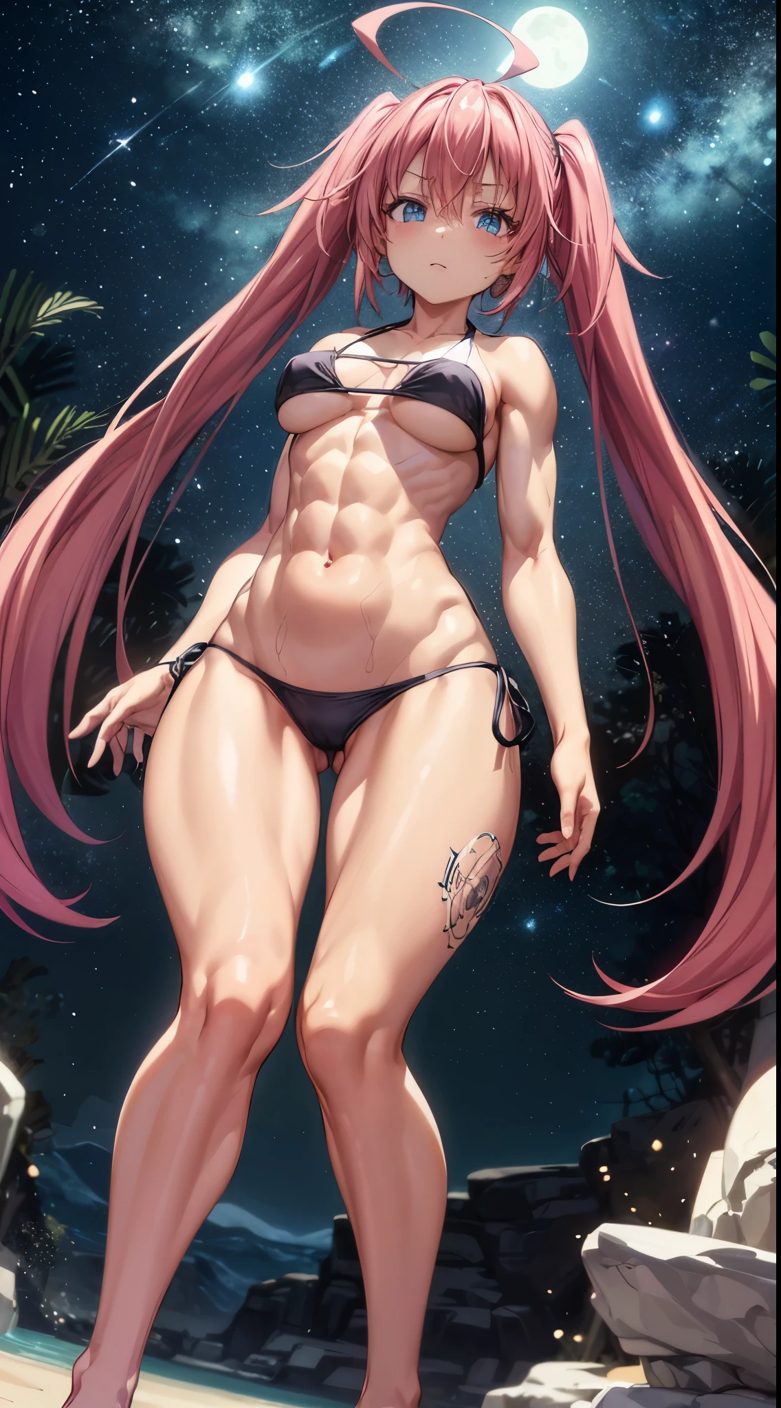 1 girl, (medium breasts))), (((wearing short bikini))), (long pink hair), (((blue eyes))), thin arms, (on the beach at night with starry sky and a full moon of blood), (slim waist), (((muscular legs))), muscular belly, bare feet, (((showing me your big ass))), (full body photo), (twintails), long eyes, eye flare, bad mood, anime, anime style, ray tracing, reflection, drop shadow, panorama, Sony FE, 8k, UDisk, masterpiece, accurate, anatomically correct, Super detail, best quality, ultra-high resolution, Hard Udisk, 16k