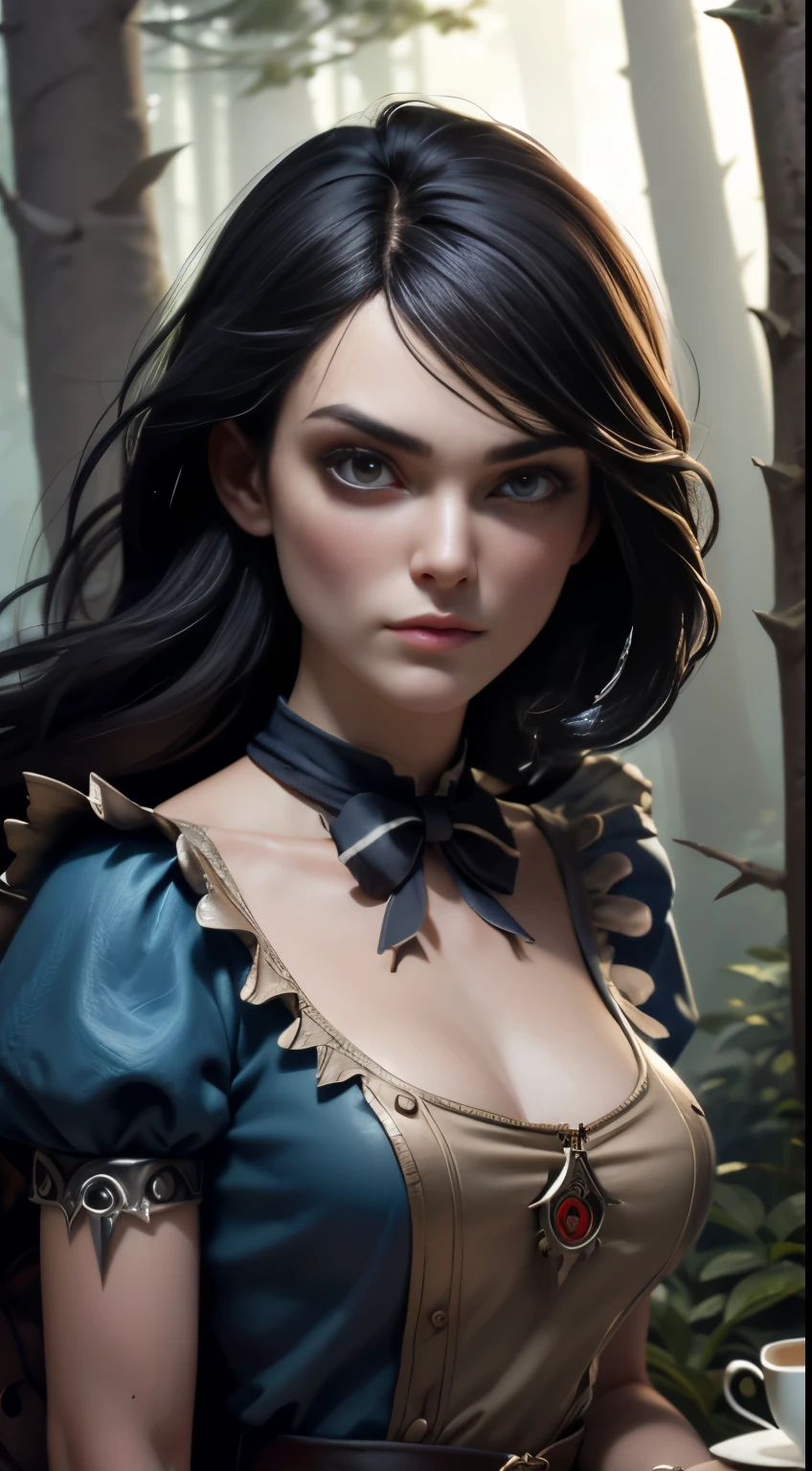 photo of Keira Knightley, RAW, beautiful woman, ((portrait)), ((detailed face:1.2)), ((detailed facial feature, detailed skin, clear skin), (perfect proportioned body), ((wearing American McGee's Alice in Wonderland outfit, surrounded by knifes)), sitting for tea, (high detailed giant mystical forest), (arms behind back: 1.2), (realistic photo, best quality, detailed), (8k wallpaper), (cinematic lighting, dramatic lighting) (sharp focus, intricate)