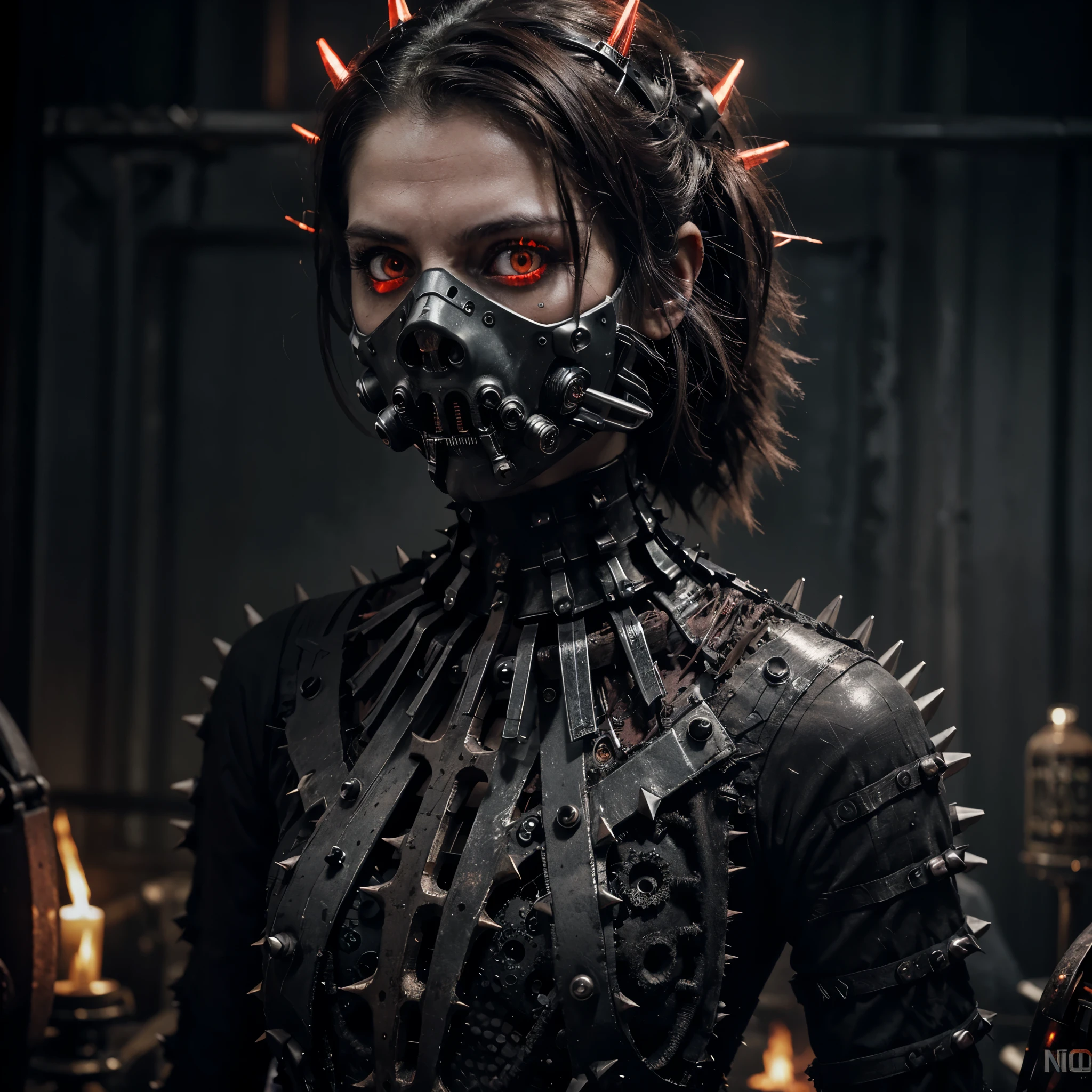 Demonic mechanical creepy aggressive necrophage zombie undead girl with scary red eyes, in a spiky mechanical gas mask with tubes, dark fantasy horror, Filigree, Aesthetically pleasing, Realistic, Professional photo, 4k, hight resolution, higly detailed, 30mm lens, 1/250s, f/2.8, ISO 100