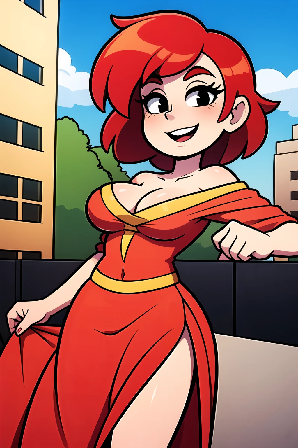 1 girl, Teenage, Red hair, Short Red hair, Medium Hair, Bob Hair, Black eyes, off shoulder dress, Flamenco Dress, Flamenco dancer, long skirt, Smile, the city street, Sexy, masterpiece, High quality.