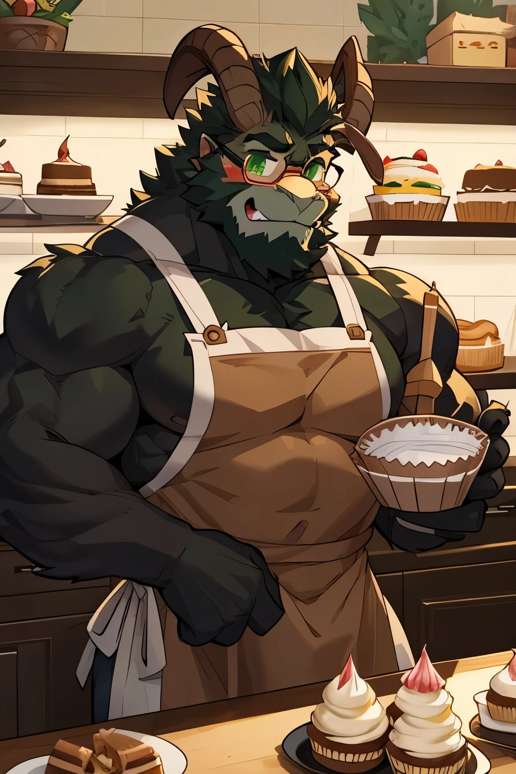 hulking krampus with muscles and massive pecs and blushing from embarrassment because he likes you and has fluffy fur, wearing glasses,green eyes, pinching ,giant bulge, wearing an apron, baking cup cakes