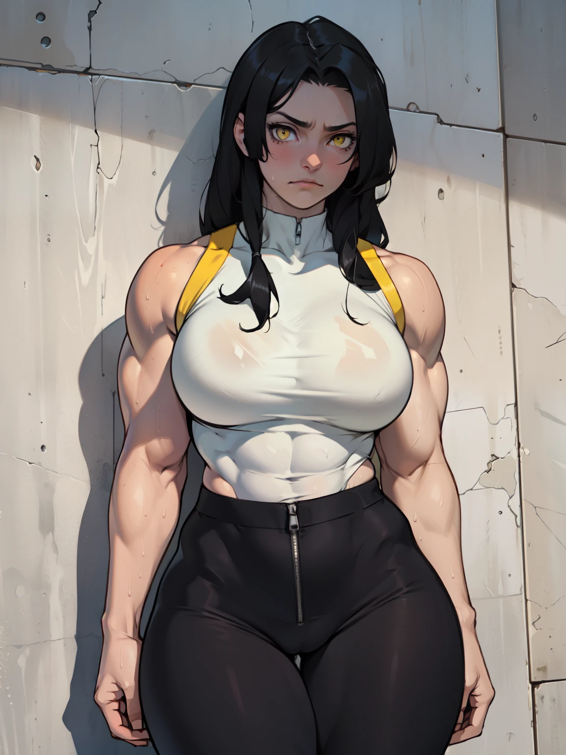 shy (((muscular girl large breasts thick))) pale skin black hair yellow eyes sad thin waist sweaty drop shadow