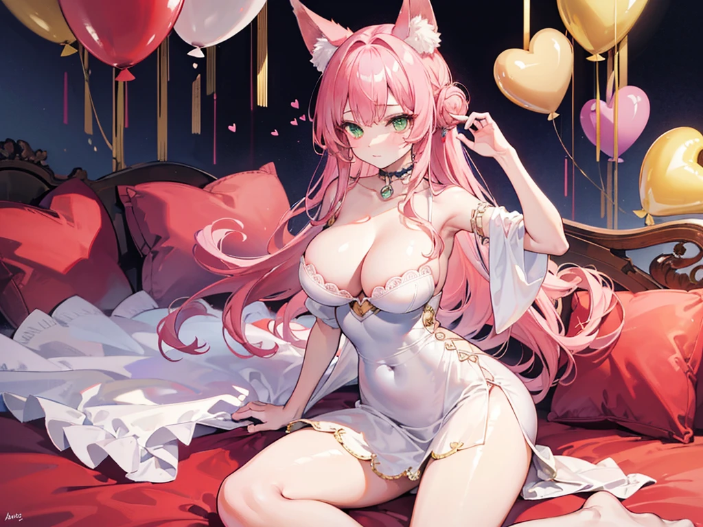 High quality, masterpiece, ultra-detailed, highly detailed outfit, choker, without bra, very tight evening dress, 1girl, solo, peaceful expression, long pink hair, fox ears, enchanting green eyes, ridiculously large breasts, laying on bed, bedroom, many heart-shaped balloons, large amount of balloons