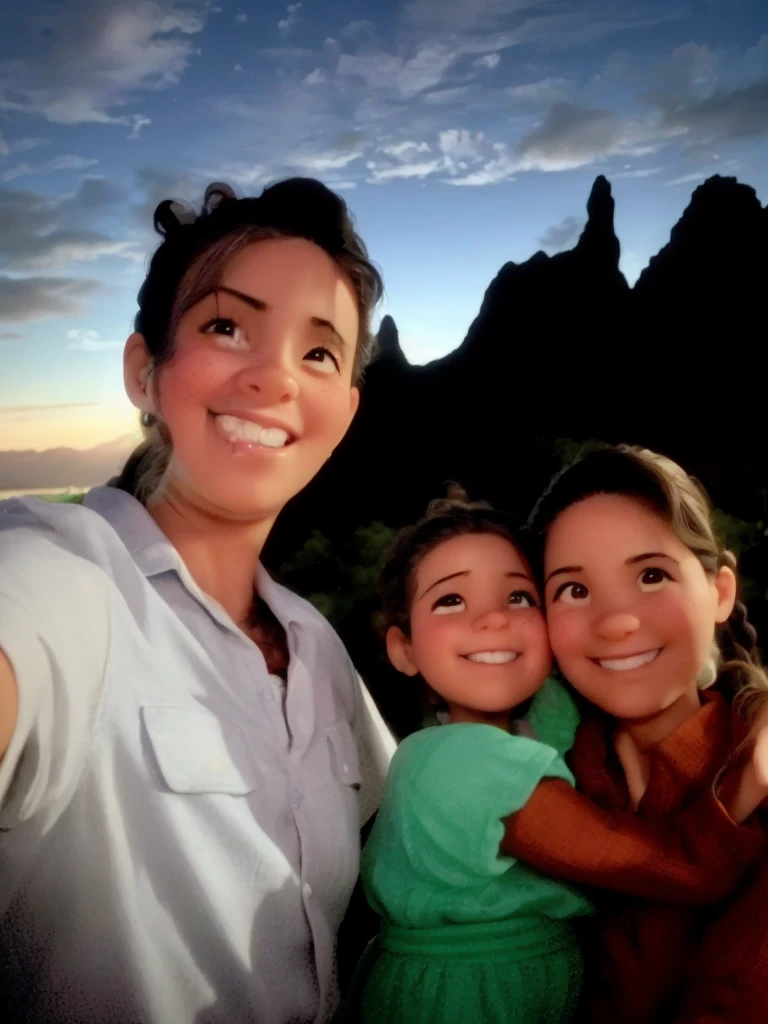 Uma casal de 36 ano scom sua filha de 6 anos. Mother and daughter with tied up hair, o pai com cabelo curto, brincos de argola nas duas orelhas. Um por do sol ao fundo com montanhas, best quality, obra-prima, master part