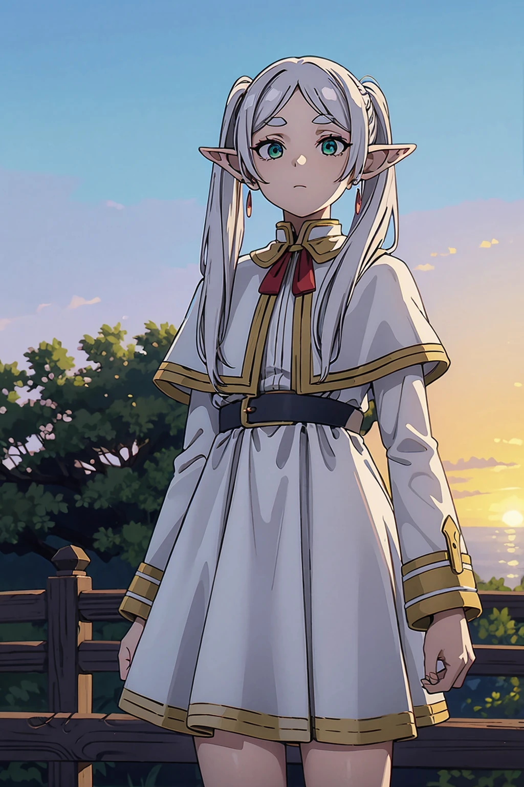 masterpiece, ultra high quality, high defition, high detail, 4K, 8K, 1girl, elf, expressionless, grey hair, earrings, pointy ears, long hair, ponytail, green eyes, twintails, parted bangs, thick eyebrows, collared capelet, white capelet, striped shirt, long sleeves, white skirt, red staff, BREAK, dawn, behind of wooden fence, cliff, body illuminated by the dawn light, sky, outdoor, BREAK, full body, from below, animated painting, look at viewer, 18yo