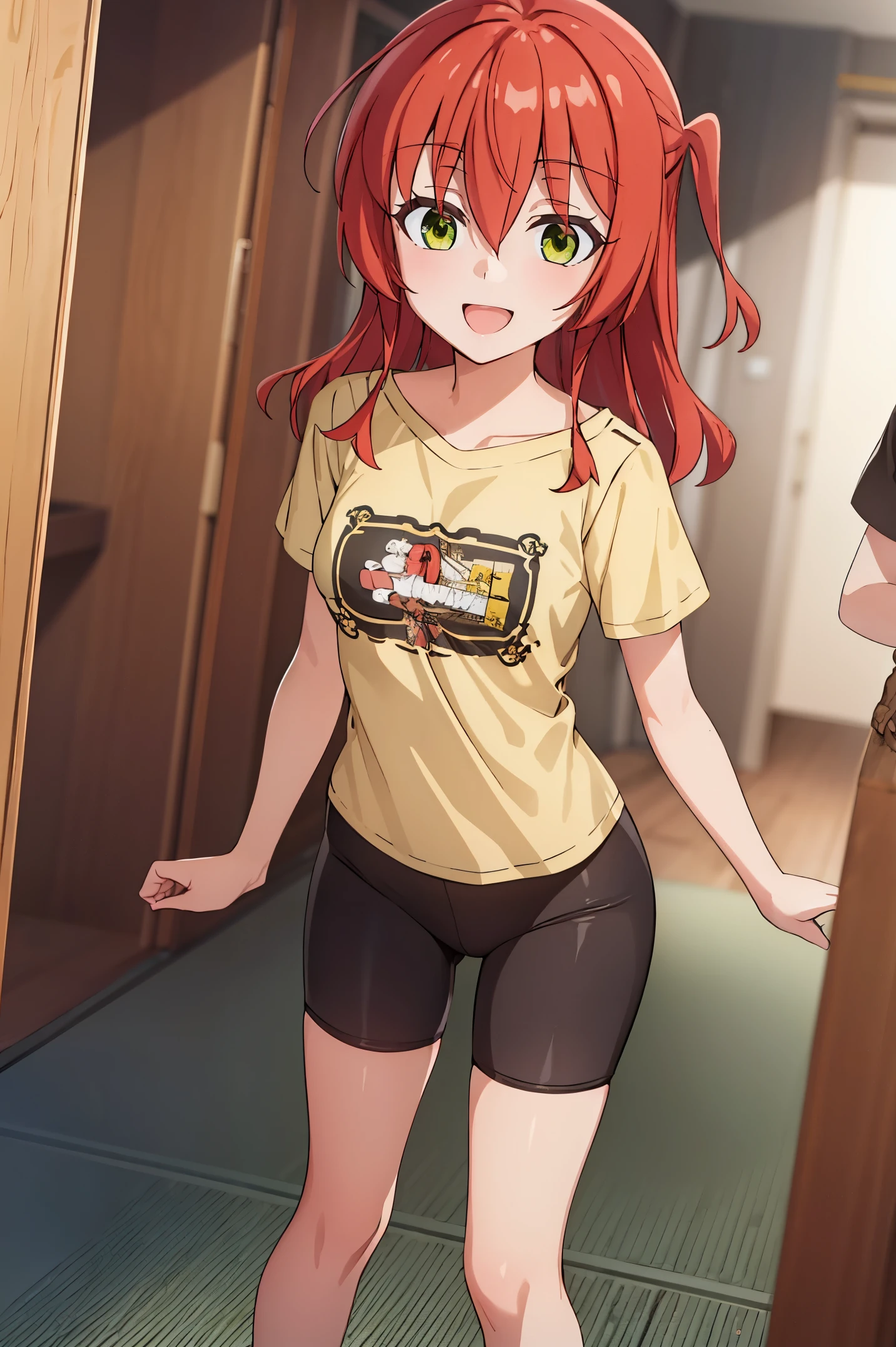 Room, 1 girl, best quality, ultra high res, long hair, red hair, green eyes, looking at viewers, small breast, standing, pov, slim body, **** body, small body, smile, open mouth, yellow shirt, short sleeves, bike shorts,