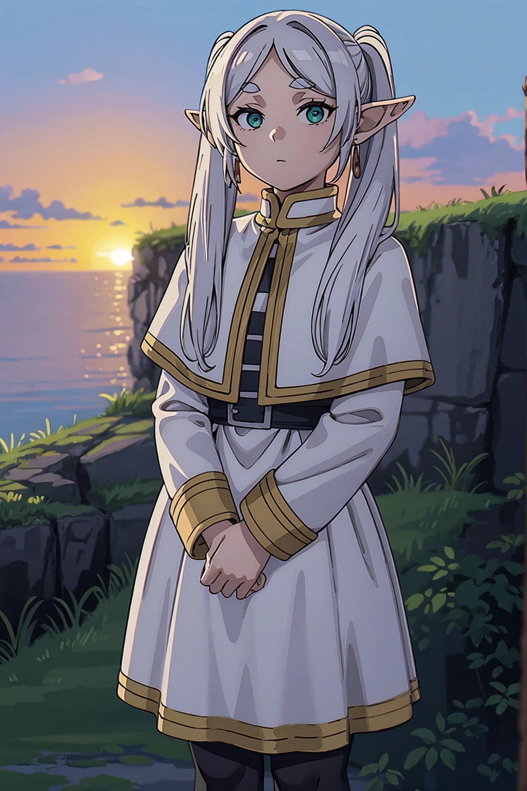 masterpiece, ultra high quality, high defition, high detail, 4K, 8K, 1girl, elf, expressionless, grey hair, earrings, pointy ears, long hair, ponytail, green eyes, twintails, parted bangs, thick eyebrows, collared capelet, white capelet, striped shirt, long sleeves, white skirt, red staff, BREAK, dawn, behind of wooden fence, cliff, body illuminated by the dawn light, sky, outdoor, BREAK, full body, from below, animated painting, look at viewer, 18yo