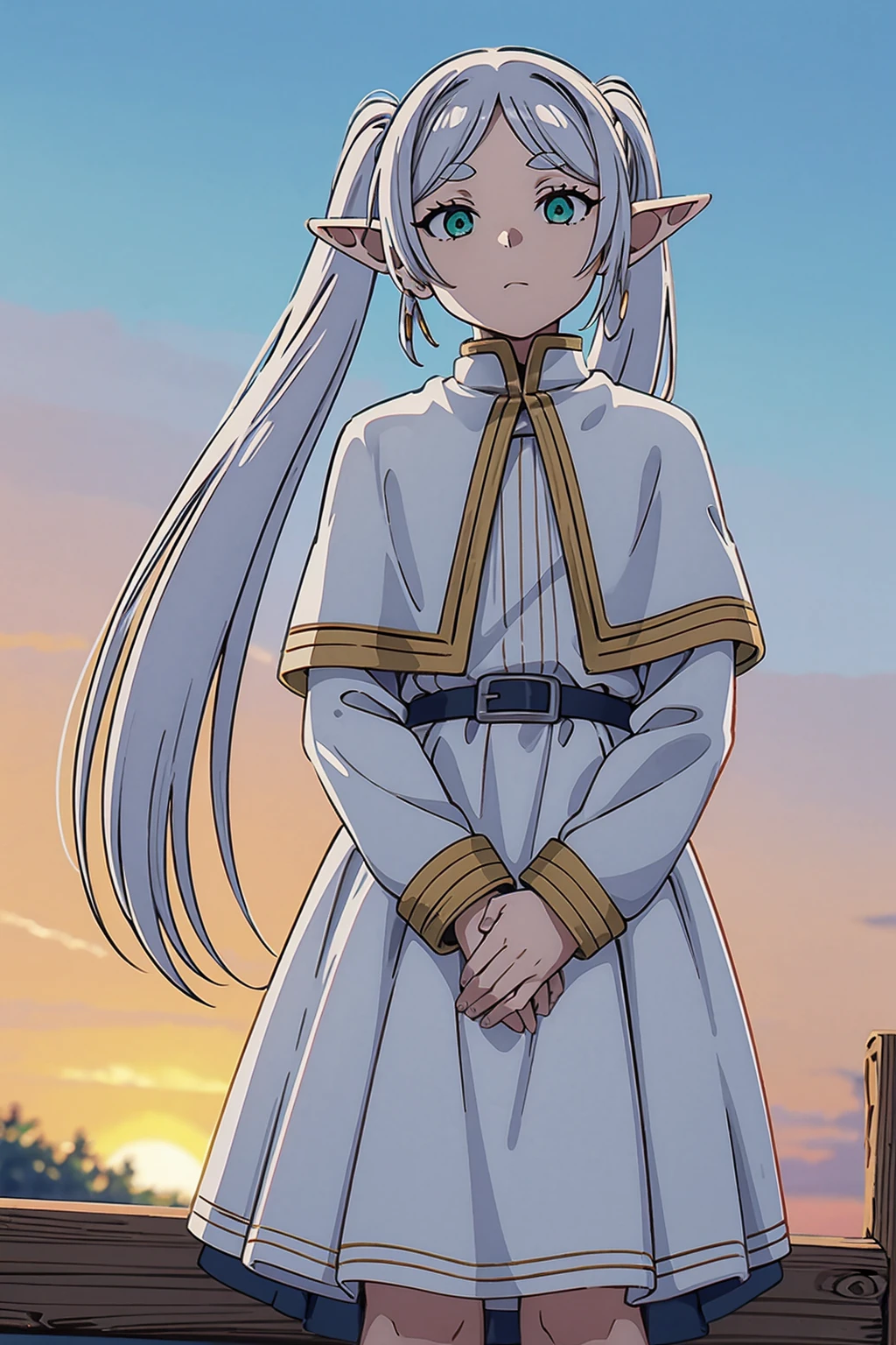 masterpiece, ultra high quality, high defition, high detail, 4K, 8K, 1girl, elf, expressionless, grey hair, earrings, pointy ears, long hair, ponytail, green eyes, twintails, parted bangs, thick eyebrows, collared capelet, white capelet, striped shirt, long sleeves, white skirt, red staff, BREAK, dawn, behind of wooden fence, cliff, body illuminated by the dawn light, sky, outdoor, BREAK, full body, from below, animated painting, look at viewer, 18yo