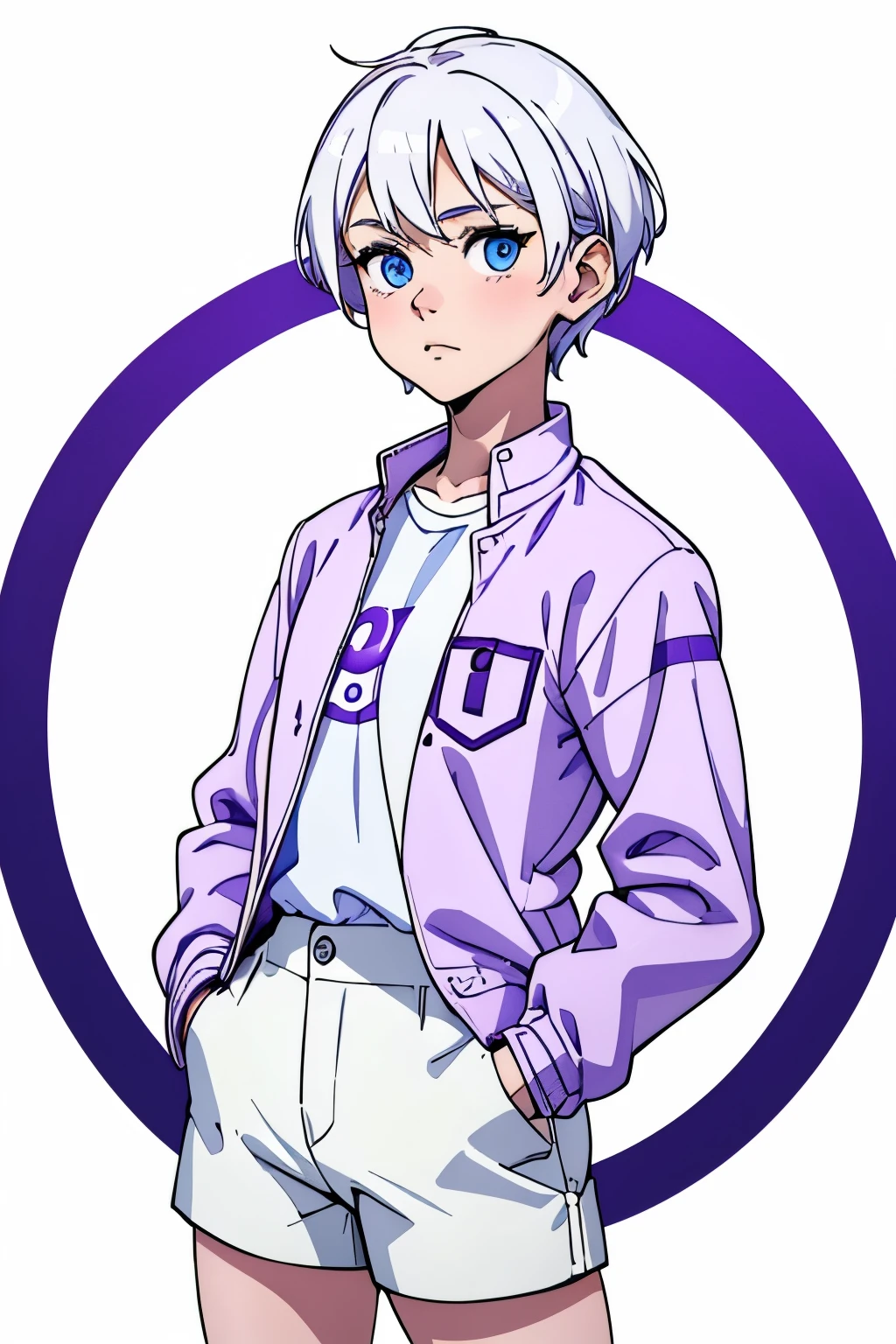 cute girl, Short white hair, beautiful blue eyes, white shirt, underneath a purple shirt, and on the white shirt the number 99 in a circle, She puts her hands in her pockets, Purple jacket under the white shirt, black shorts