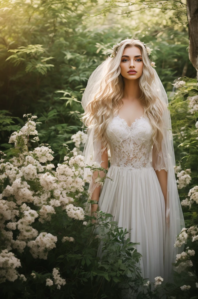 (La mejor calidad,4k,8k,Altas Resoluciones,Obra maestra:1.2),Ultra detallado,(realista,photorealista,photo-realista:1.37),pale gothic goddess,1girl,hermosos ojos detallados,hermosos labios detallados,Ojos y cara extremadamente detallados,long eyeslashes,Pale skin,cabello dorado que fluye como olas,mirada penetrante,vestido fluido blanco puro,dark gothic crown adorned with delicate gems,dramatic makeup,Ethereal Beauty,standing in a mysterious garden,covered in pale flowers,Muros de piedra cubiertos de hiedra y pilares desmoronados.,rays of sunlight filtering through the dense foliage,casting a soft glow across the scene,Ambient lighting reveals intricate details.,The shadows dance with an air of melancholy.,colores vivos mezclados armoniosamente con pasteles suaves,Dreamlike atmosphere,susurrando secretos y deseos ocultos,inquietantemente hermosa,creating a feeling of charm and mystique,mezclando elegancia y oscuridad,creando un contraste sorprendente,retrato con un toque de misticismo,Visualmente cautivador,inspirando asombro y curiosidad.