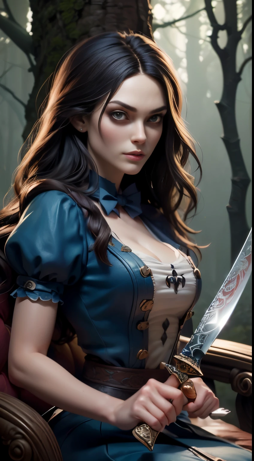 photo of Keira Knightley, RAW, beautiful woman, ((portrait)), ((detailed face:1.2)), ((detailed facial feature, detailed skin, clear skin), (perfect proportioned body), ((wearing American McGee's Alice in Wonderland outfit)),  (brandishing a large knife:1.6), sitting for tea, (high detailed giant mystical forest), (arms behind back: 1.2), (realistic photo, best quality, detailed), (8k wallpaper), (cinematic lighting, dramatic lighting) (sharp focus, intricate)