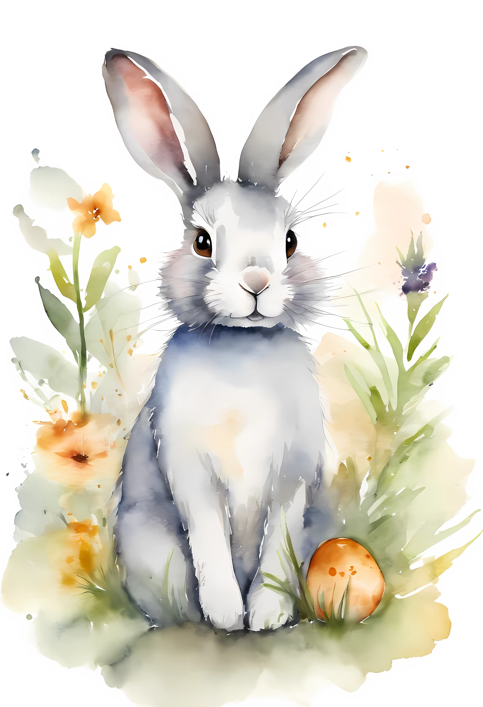 adolable，aquarelle, Minimalist watercolor Easter bunny, white background, calm colors background. Watercolor texture, creative, masterpiece